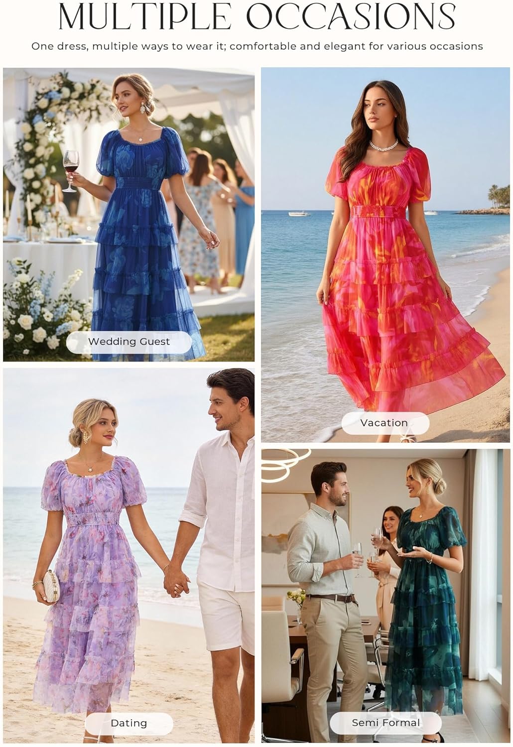 GRACE KARIN Women's 2026 Summer Midi Tulle Dress,Square Neck Puff Sleeve Smocked Mesh Dresses,Wedding Guest Party Dresses - Image 2