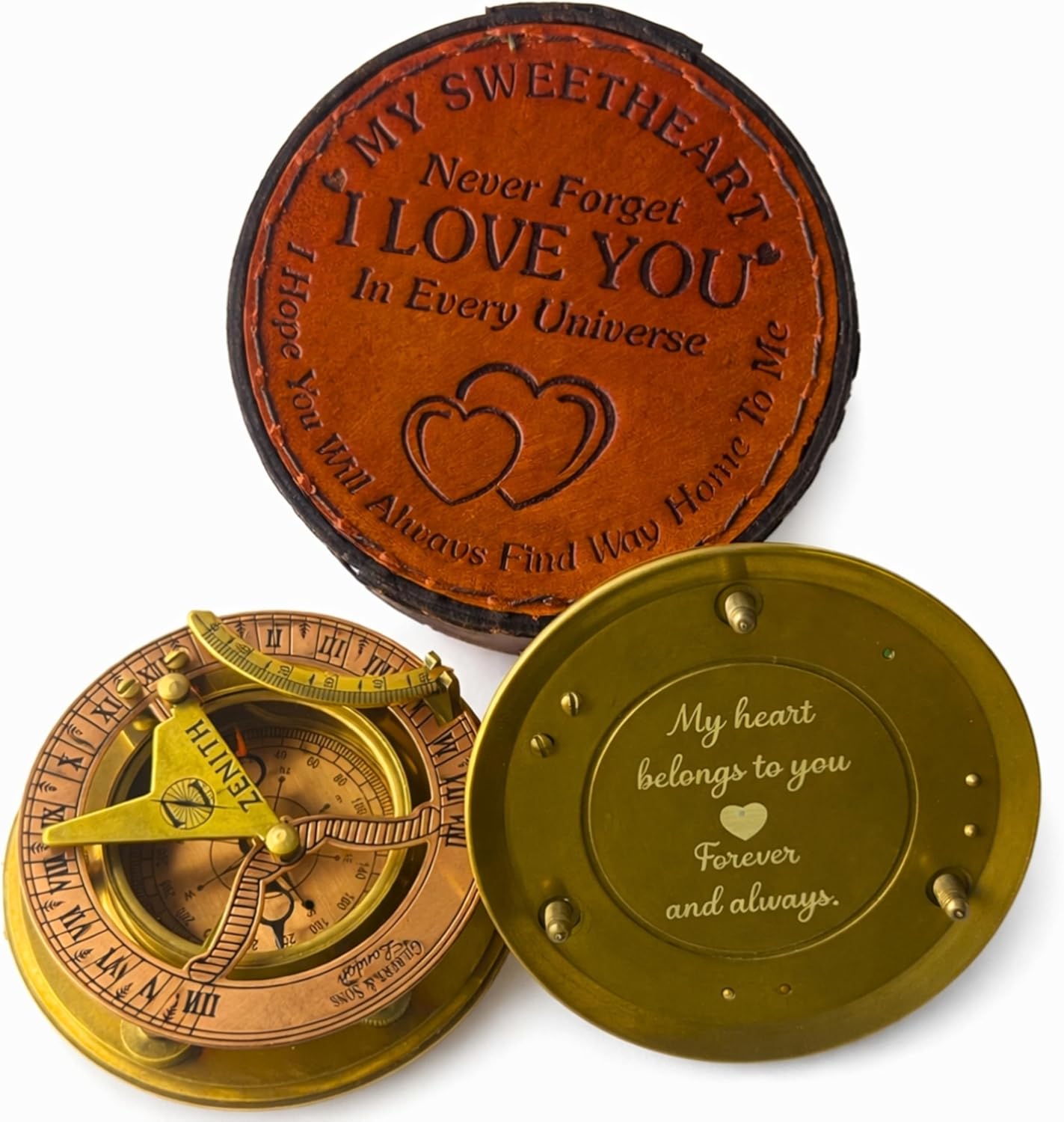 Anniversary Sundial Compass Gift for Him or Her - Unique Gift Ideas for Husband or Wife - Personalized Engraved Compass and Leather Box - Sundial Clock in Box Gift Sun Clock Ship Replica Watch
