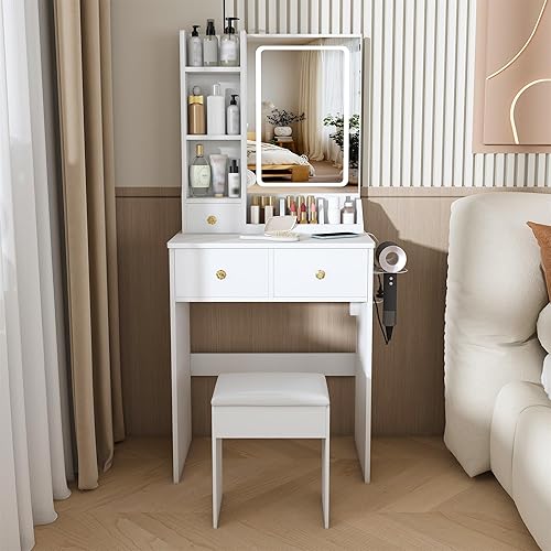 Small Makeup Vanity Desk with Mirror and Lights,Vanity Table Charging Station, Drawers, Shelves, Stool and Hair Dryer Holder,3 Light Mode,Brightness Adjustable,for Bedroom,White