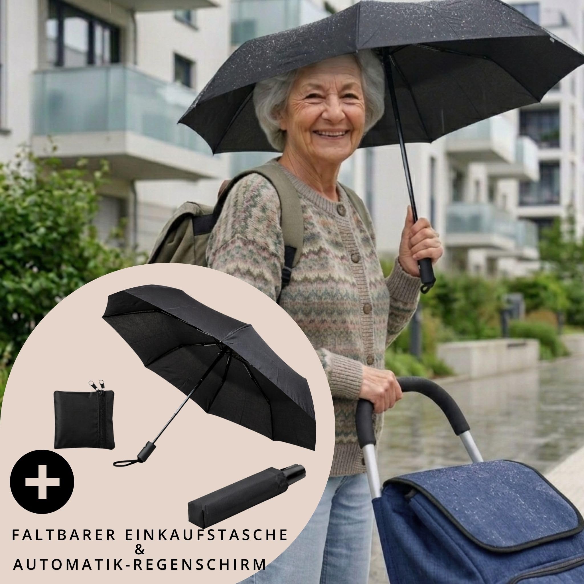 Einkaufstrolley klappbar mit Kühlfach, Einkaufshilfe Aluminium leicht, Einkaufswagen Shopper Trolley rückenschonend, inkl. Regenschirm (Navy Blau)