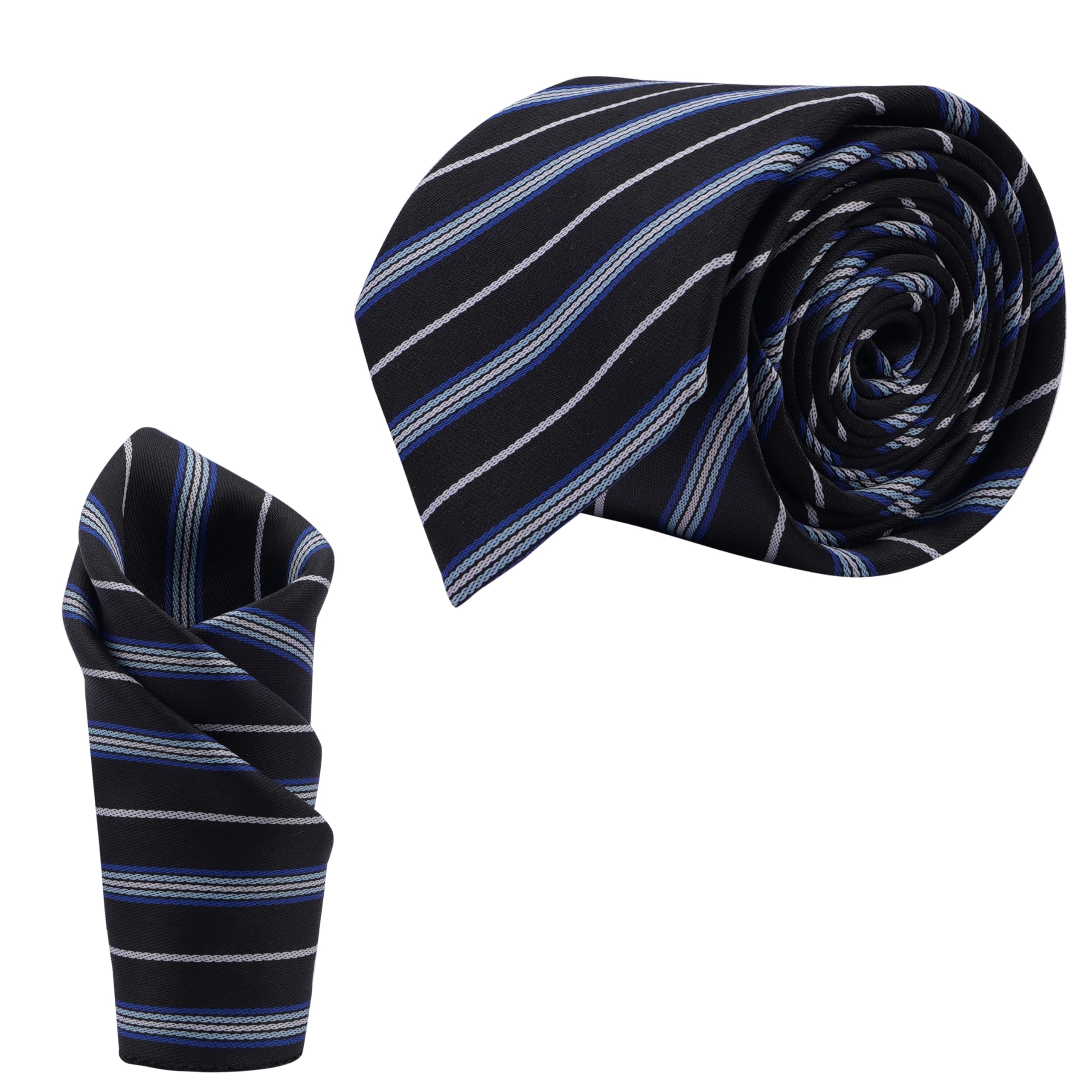 calixto Men'S Black Color With Blue Stripes Ties, Micropoly Formal Necktie With Pocket Square, Silky Feel (Pack Of 2).-picture-24