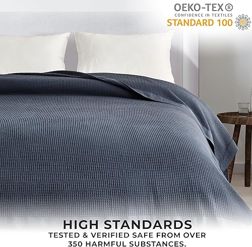 Miniatura 5 de Great Bay Home Manta de algodón 100 % algodón con tejido de gofre, tamaño matrimonialqueen, ligera y transpirable, suave manta de cama azul océano,