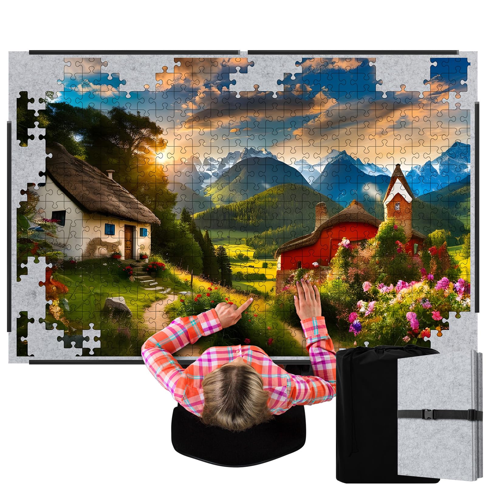 Fanfanwin 3000 Pieces Folding Felt Jigsaw Puzzle Foldable Board Mat with Non Slip Surface Puzzle Mat 55" x 37" Extra Large Portable Jigsaw Board with Storage Bag for Adults Tray (Light Gray) โ image 1