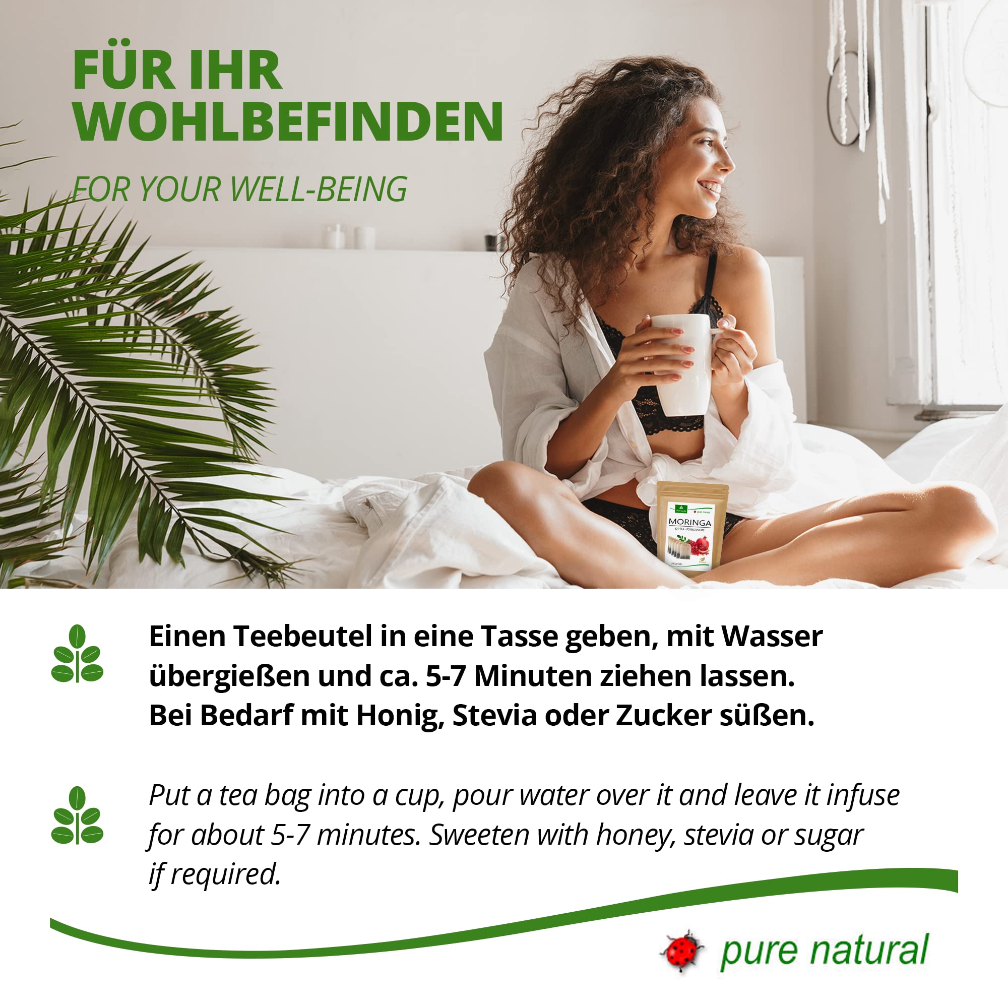 Tè Moringa 100% naturale e vegano (a scelta mix di erbe, mela cannella, melograno, zenzero, menta). Qualità 1A (20 bustine di tè Moringa-Melograno)