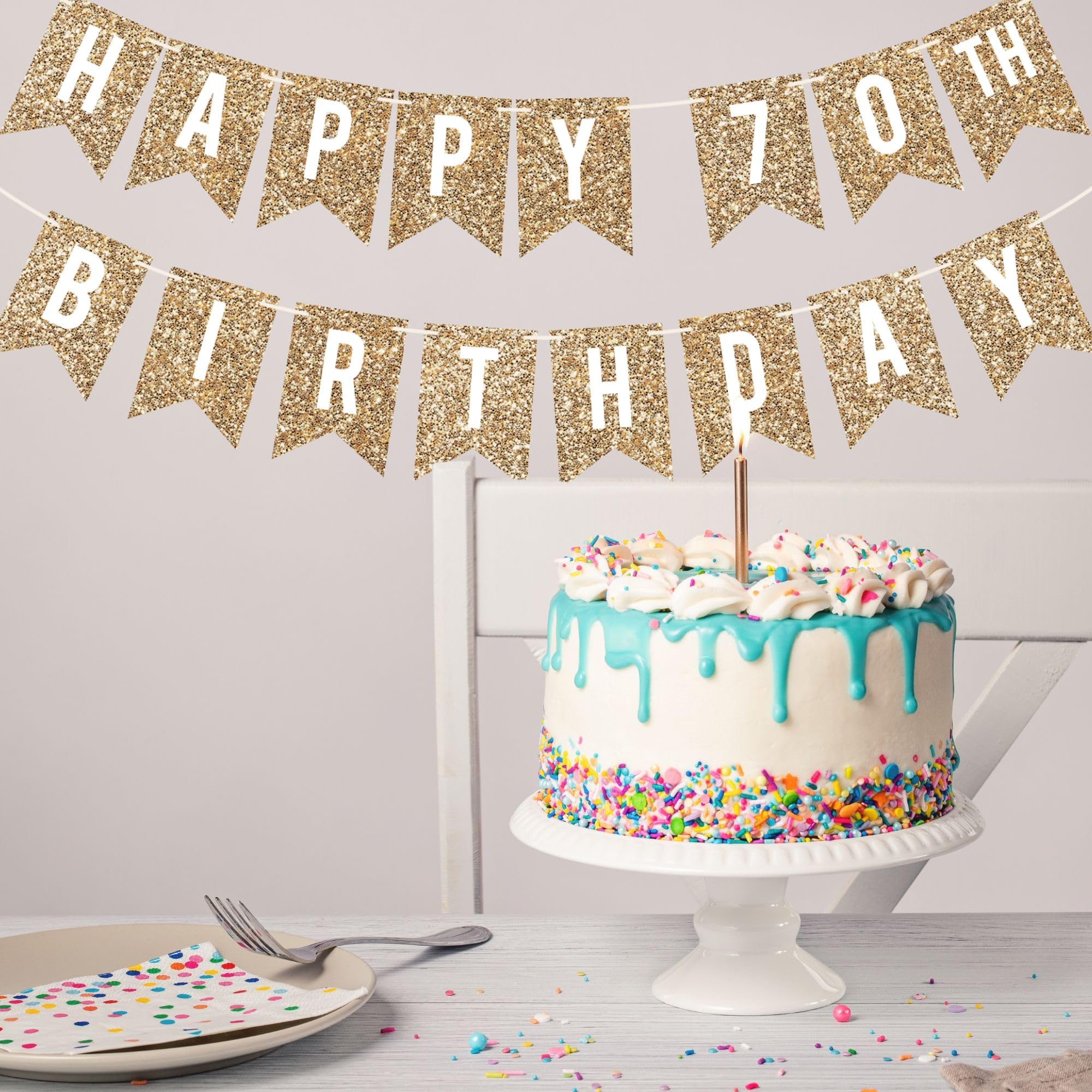 Wstępnie nawleczony baner Happy 70th Birthday - NO DIY - złoty brokat baner na przyjęcie na 70. urodziny dla mężczyzn i kobiet - wstępnie nawleczona girlanda na żyłkach 1,8 m - złote dekoracje i