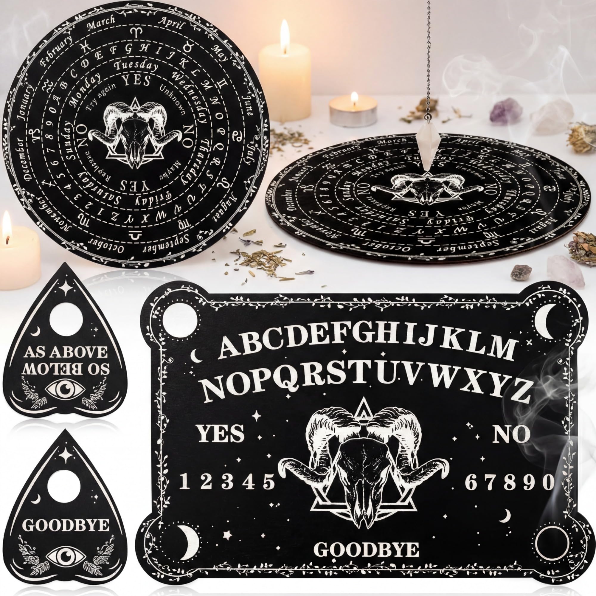 Threan Pendulum Dowsing Divination Board with Amethyst Set Wooden Spirit Talking Board Metaphysical Message Crystal Pendulum Necklace with Planchette for Wiccan Supply(Ram Skull Style)