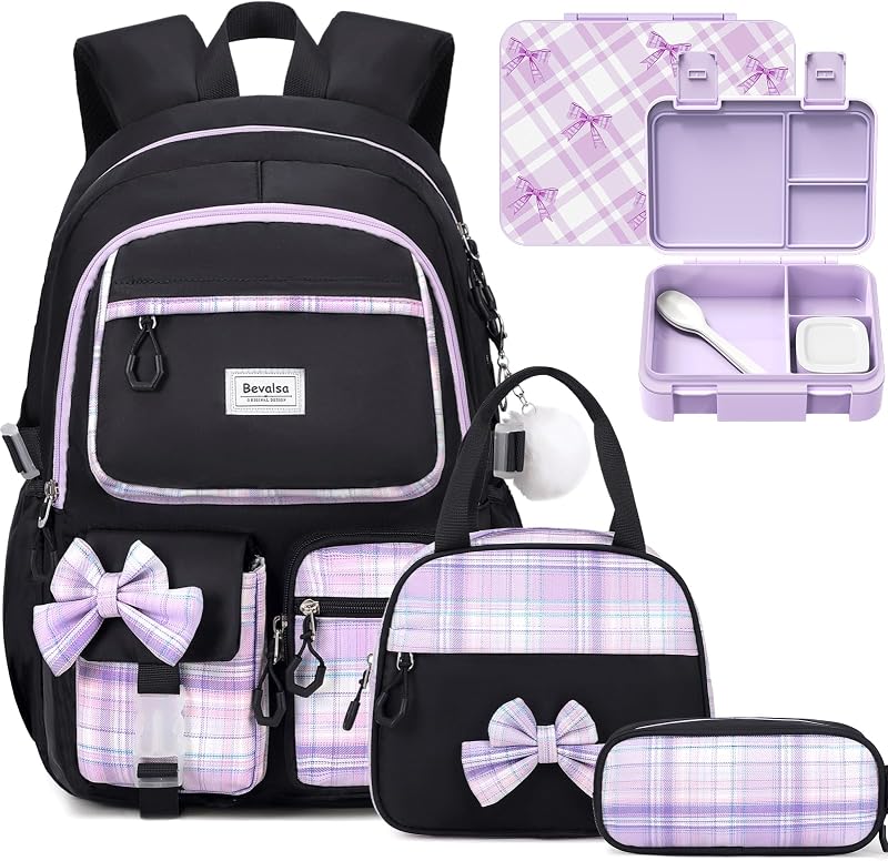 Backpack for Girls with Bento Lunch Box, Insulated Bag & Utensils | Bow Plaid Bookpack with 34oz Lunch Containers School Bags Set for Children Teens Kids Elementary Middle school Student