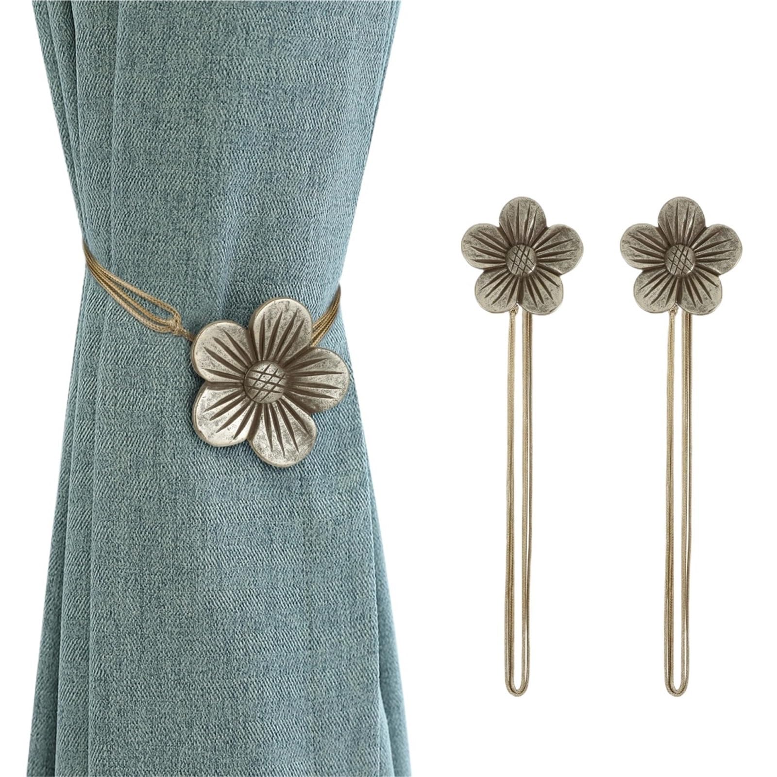 2pcs Vintage Resin Flower Magnetic Curtain Tie Backs - Elegant Drapery Holdbacks for Home Window Decor(Silvery)