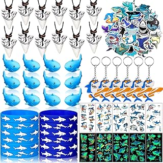 Moltby 110 Pieces Shark Party Favors - Shark Birthday Party Supplies Including Shark Keychains, Shark Tooth Necklaces, Shark Bracelet Tattoos for Shark Themed Birthday Party Decorations