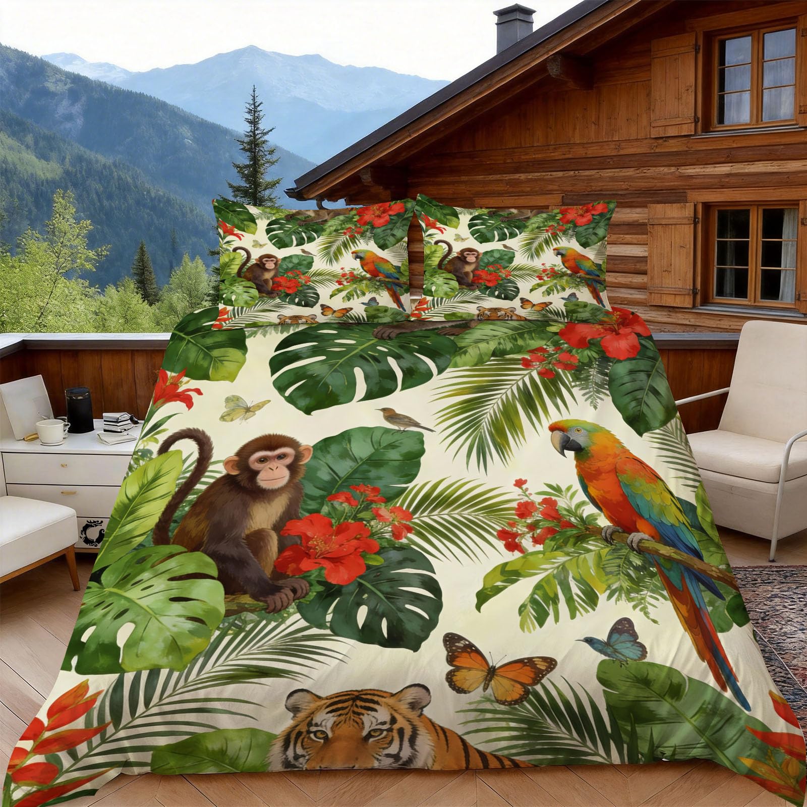 Housse de Couette 240 x 260 Jungle Animal, 2 Personnes, Parure de Lit Plantes Tropicales Microfibre avec 2 x Taie d'oreiller 65x65 cm avec Fermeture éclair