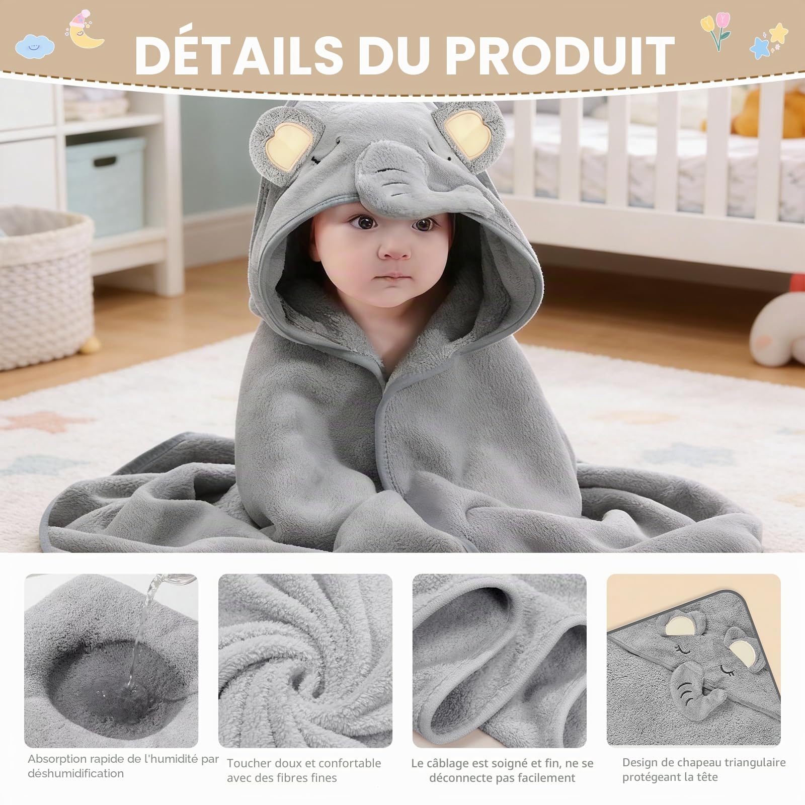 Lot de Serviettes de Bain à Capuche pour bébé - en Polaire Corail Moelleuse - Douce et Super absorbante - 80 x 80 cm - Serviette de Bain absorbante (3, Éléphant Gris avec cerf caféiné)