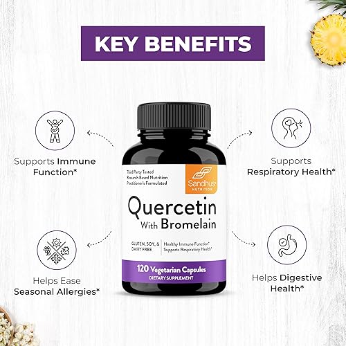 Miniatura 7 de Sandhu - Suplemento de quercetina con bromelina, complejo de quercetina y bioflavonoides, para refuerzo inmunitario y la salud respiratoria, 1,000
