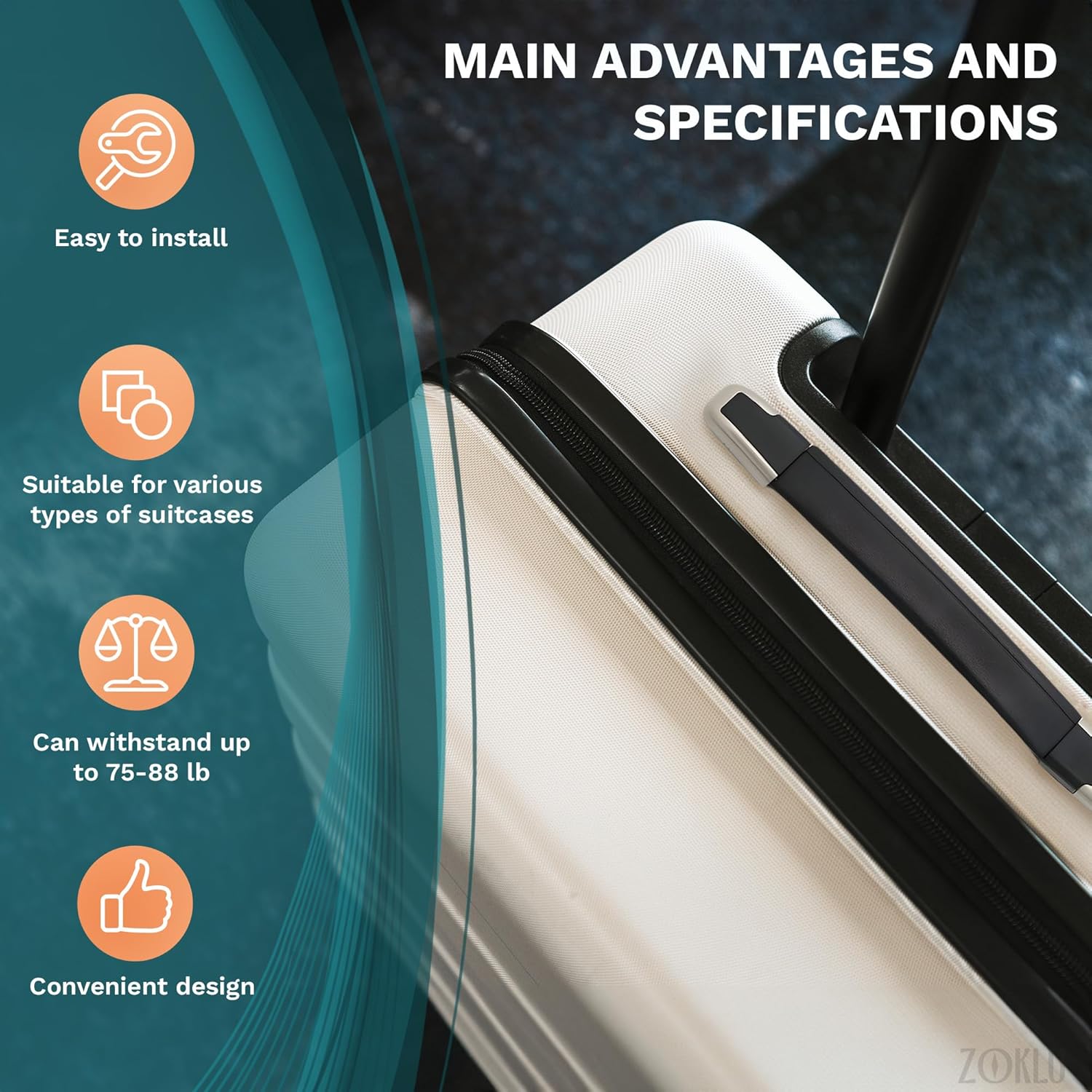 Image highlighting the material properties of the ZOKLU handle, including resistance to corrosion, long service life, wear-resistance, and durability.
