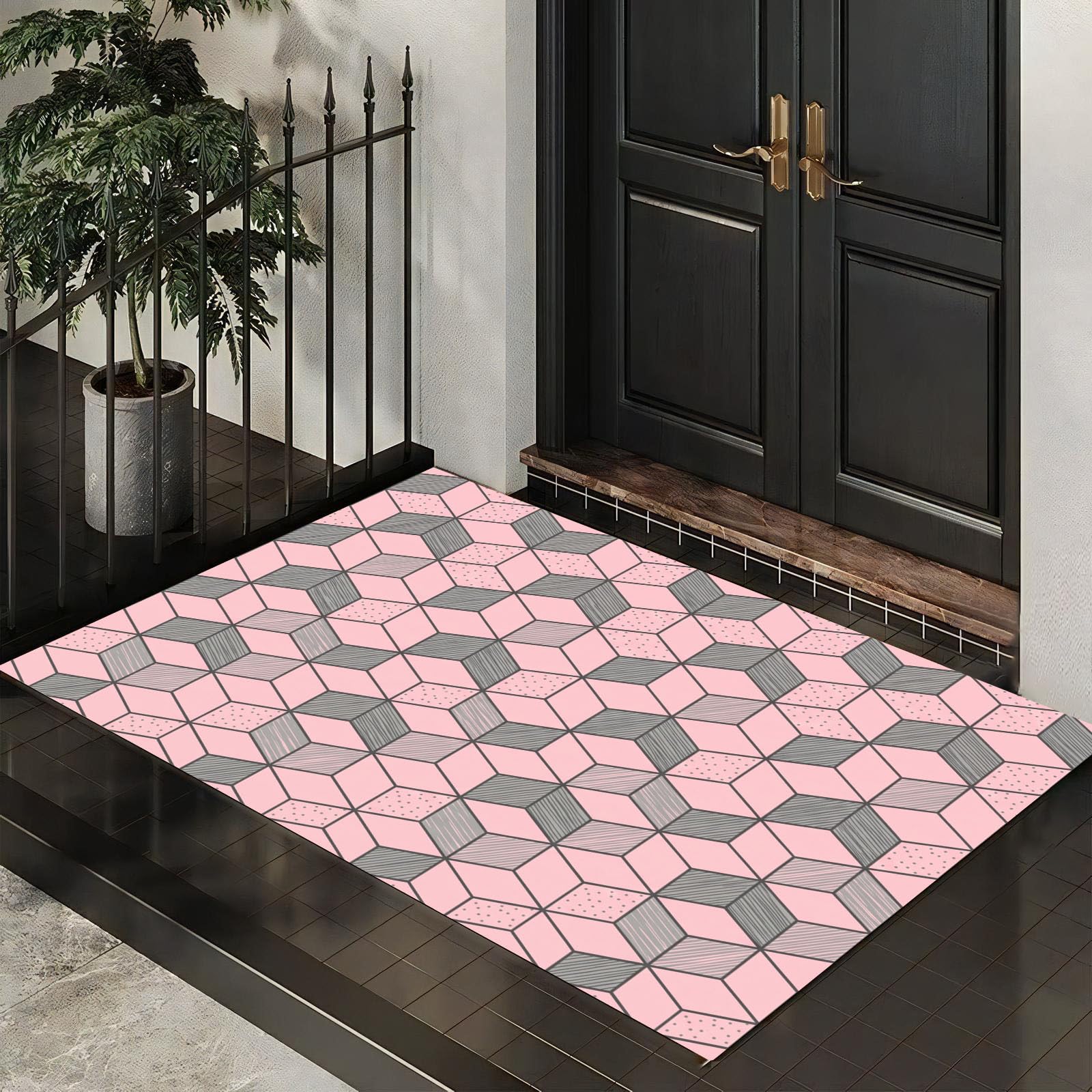 Zerbino 90X150Cm Per Interni Ed Esterni, Texture Di Cubi Moderni, Tappetino Lavabile In Lavatrice, Zerbini Resistente Morbido Antiscivolo, Geometria Della Moda, Tappeto Ingresso, Rosa