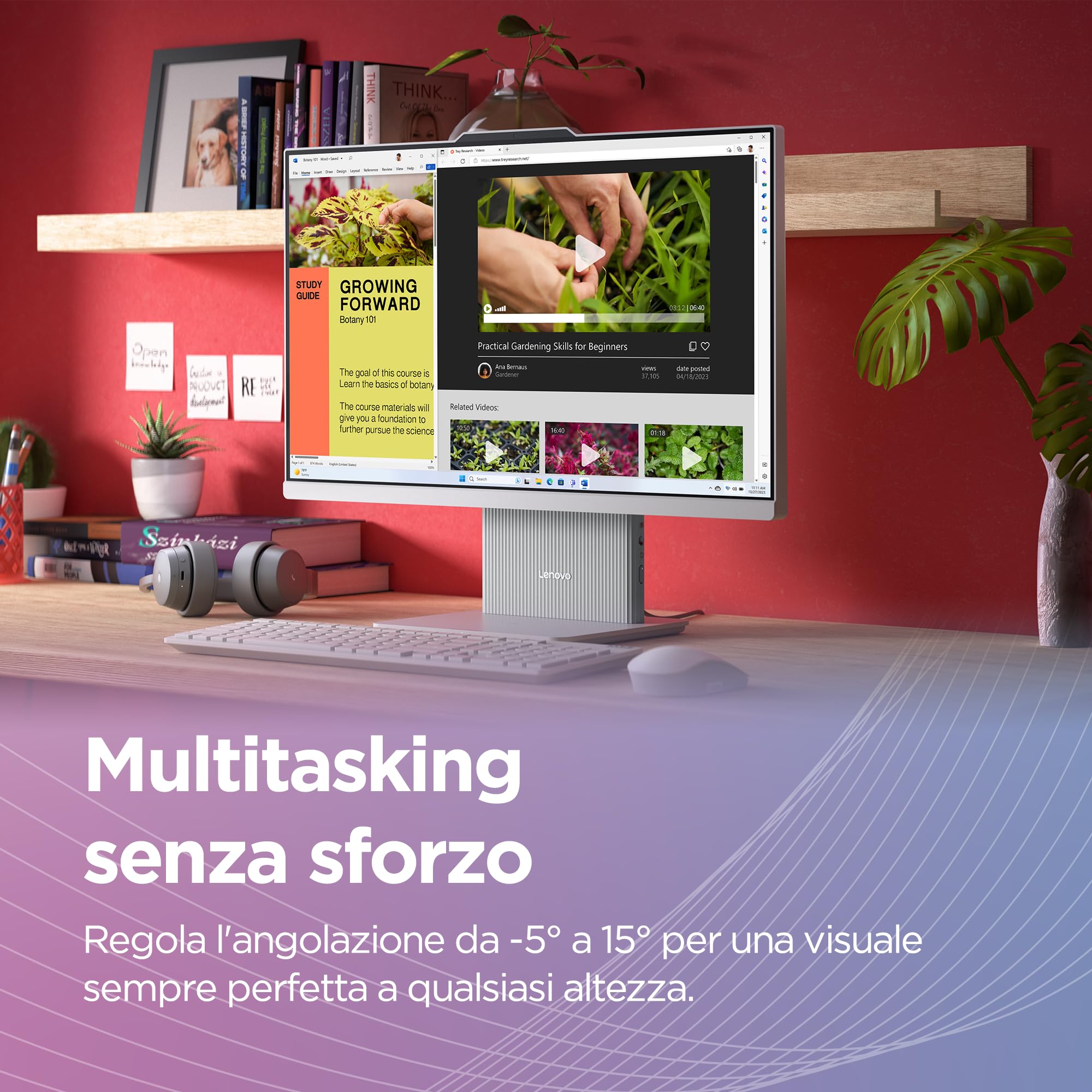 Lenovo IdeaCentre Computer desktop All-In-One, Display 24" FHD, Intel Core i5-13420H, 512GB SSD, RAM 16GB, Base ricarica smartphone wireless, Speakers, WiFi 6, Windows 11 H, Tastiera + Mouse Wireless