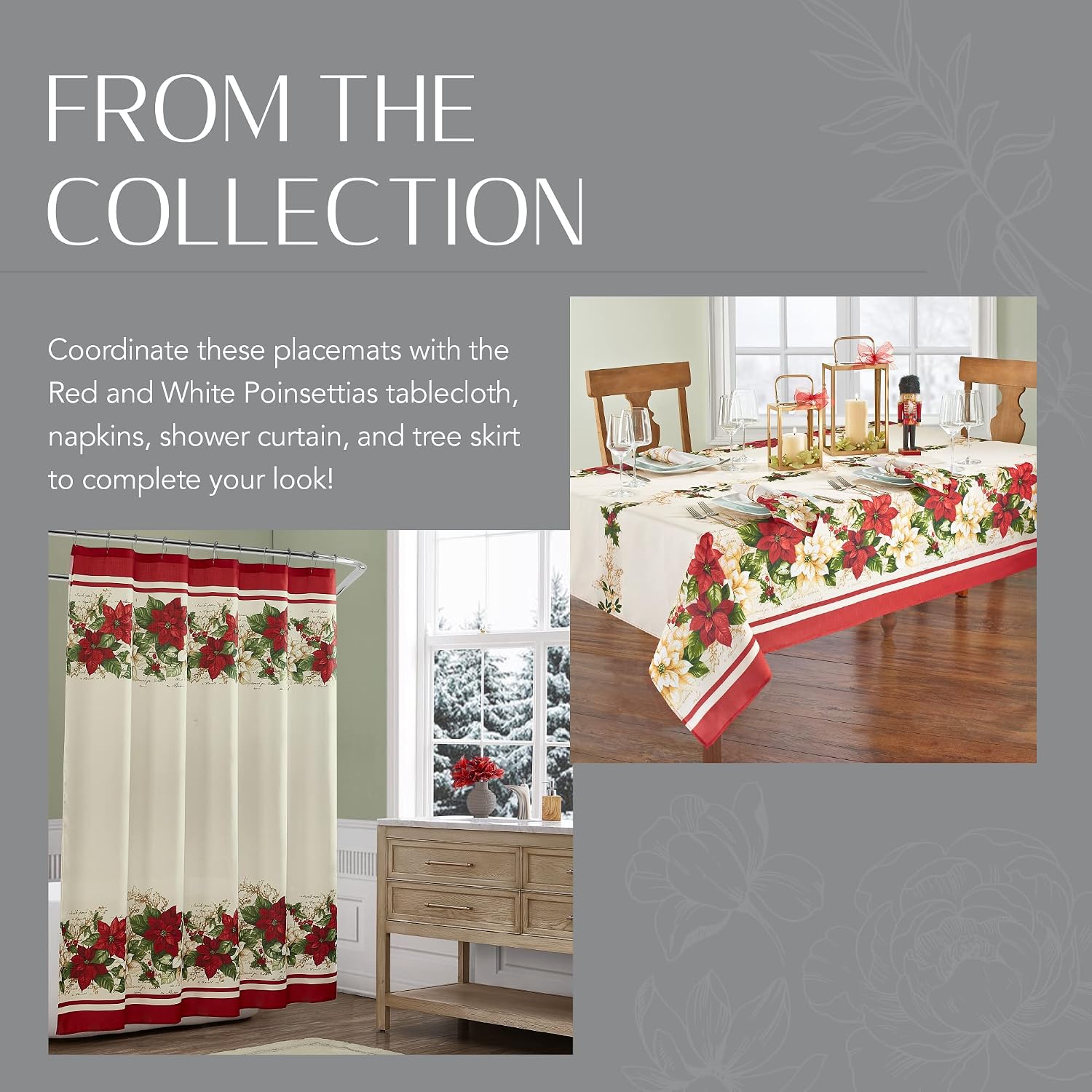 Elrene Home Fashions Red and White Poinsettia Holiday Fabric Placemats, Christmas Mats for Table Decor, 13 Inches x 19 Inches, Set of 4