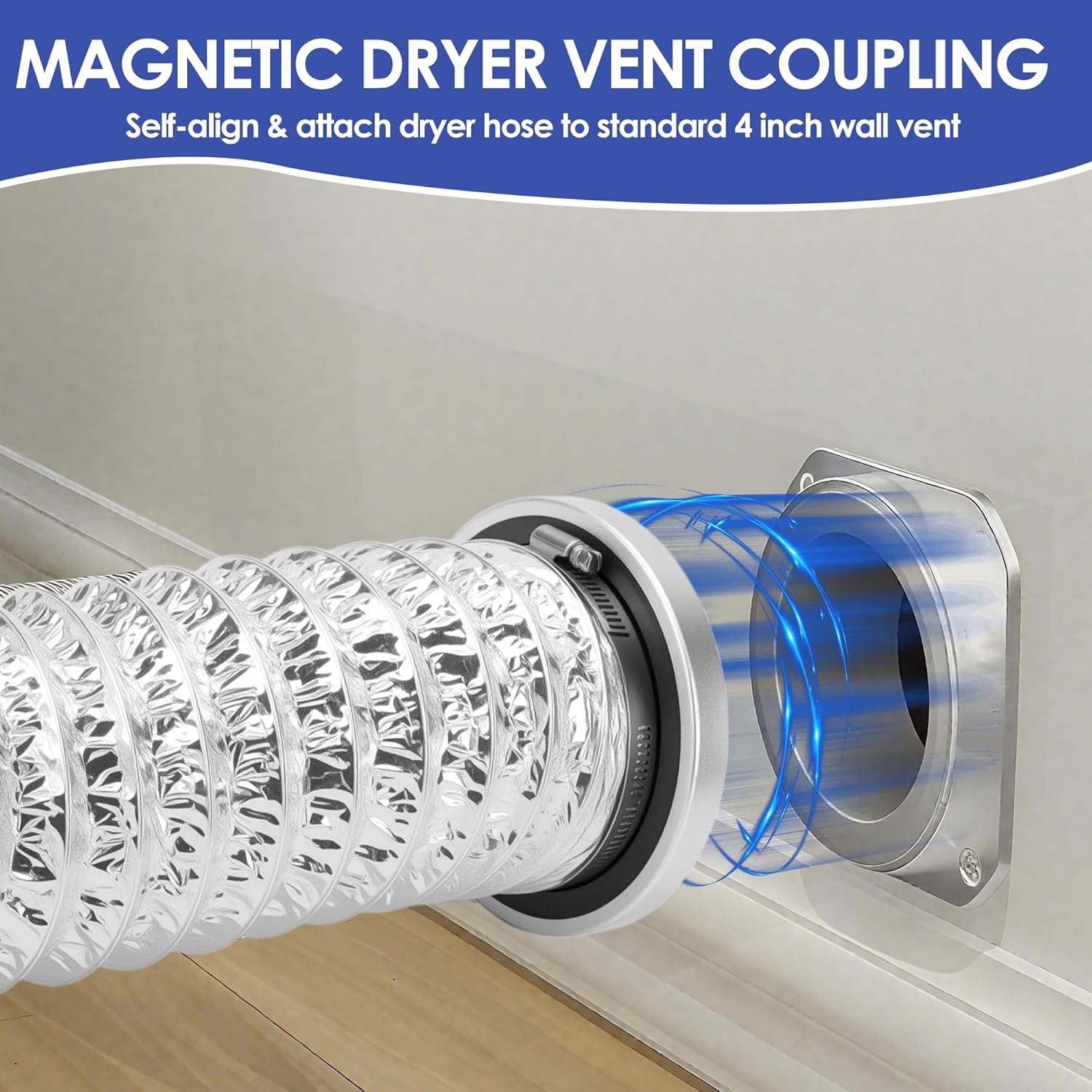 Magnetic Dryer Vent Connector Kit, Magnetic Dryer Vent Coupling Kit with 3.1ft 4" Duct and 2 Clamps, Quick Seal Dryer Vent Connector for Easy Cleaning & 180° Rotation
