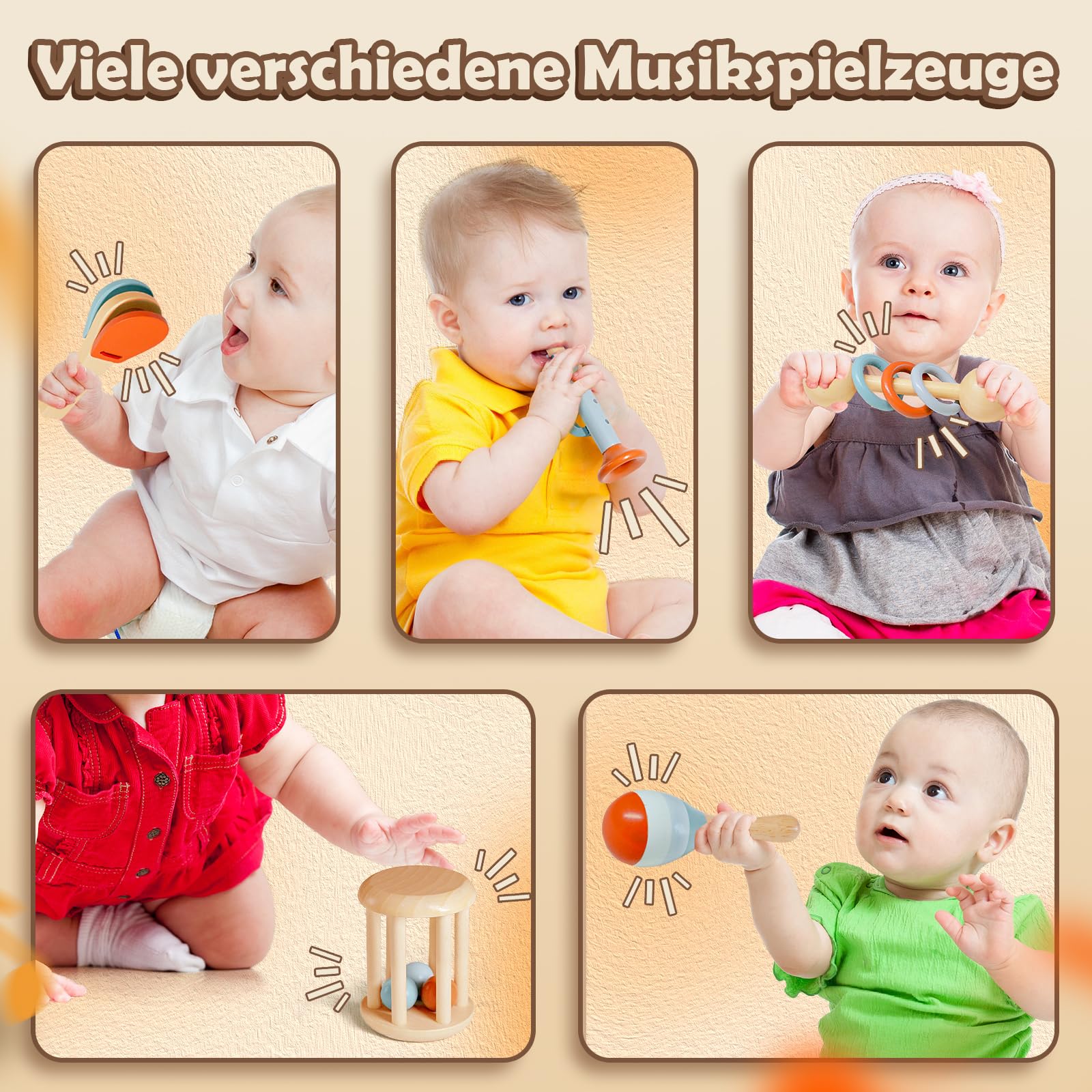 Teverellsax Giochi Neonato 3 6 9 Mesi, 5pc Sonaglio Neonato 3 6 9 Mesi, Giochi Montessori 6 Mesi, Strumenti Musicali Bambini Allenamento Sensoriale, RegaloNeonato Maschio Femmina