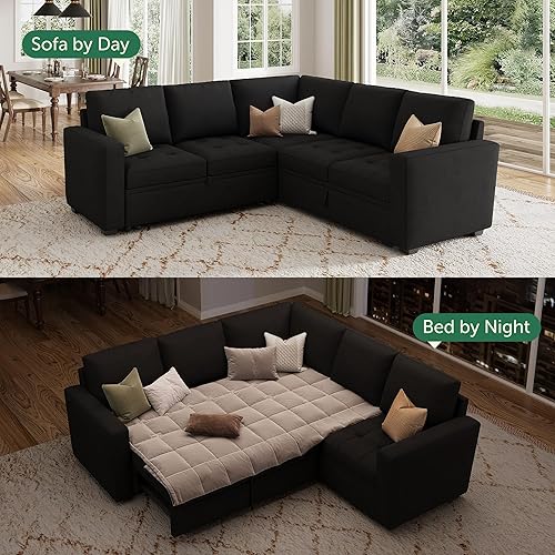 Miniatura 3 de HONBAY Sofá cama modular modular con cama extraíble, sofá convertible en forma de L de terciopelo con asiento de almacenamiento, sofás seccionales