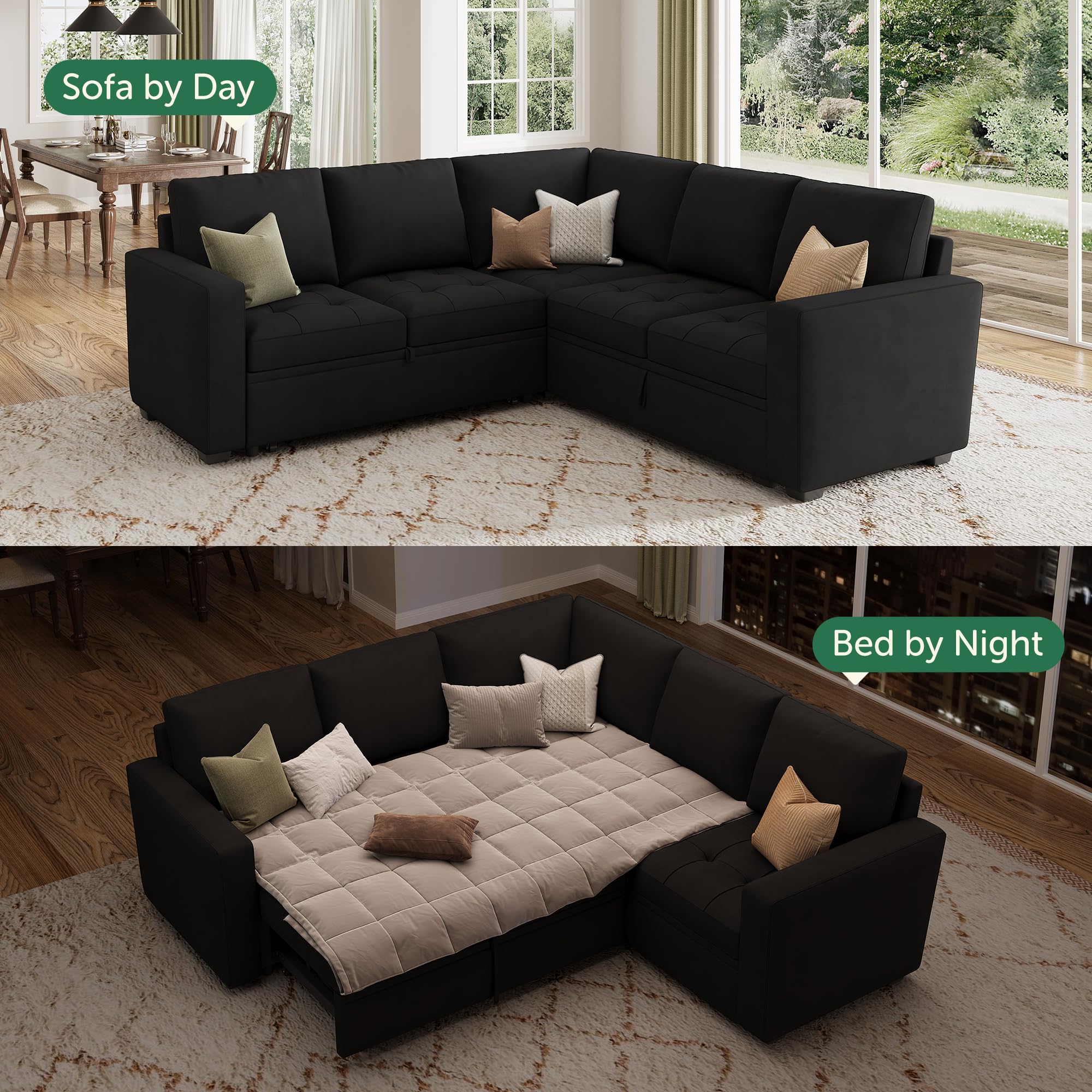 Condition photo showing New/Like New for honbay modular sectional sleeper sofa with pull out bed, velvet convertible l shaped couch with storage seat, sectional couches for living room, black