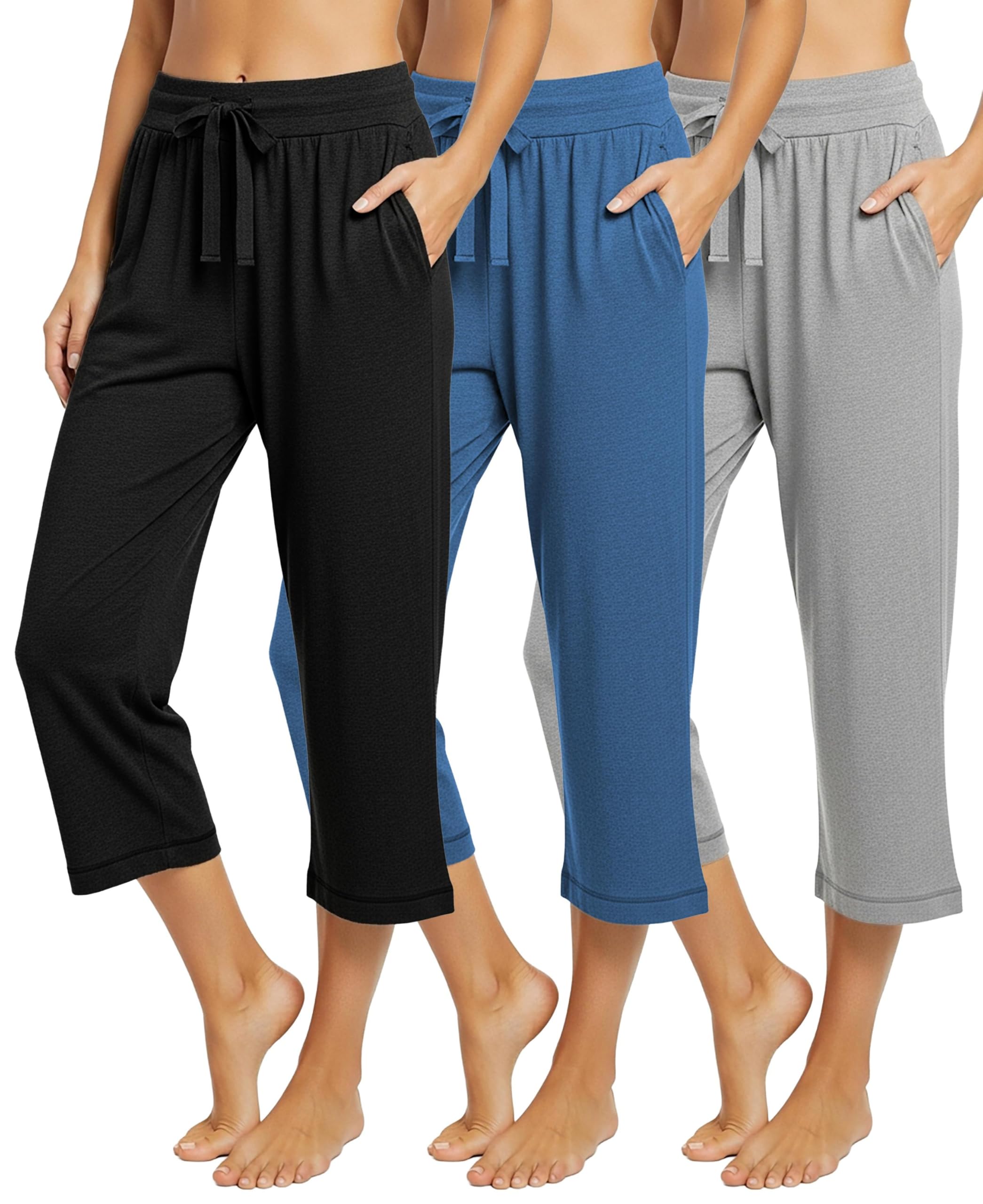 Sexy Basics Women's Ultra Soft French Terry Cotton Capri Bottoms | Drawstring & Pockets Pants | Multi Packs