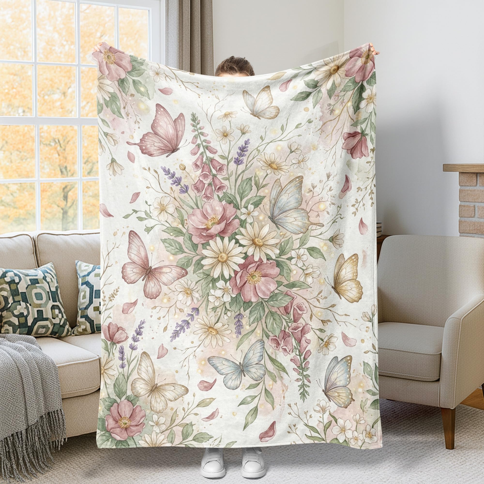 Couverture polaire motif papillon et fleurs romantiques pastel pour lit et canapé