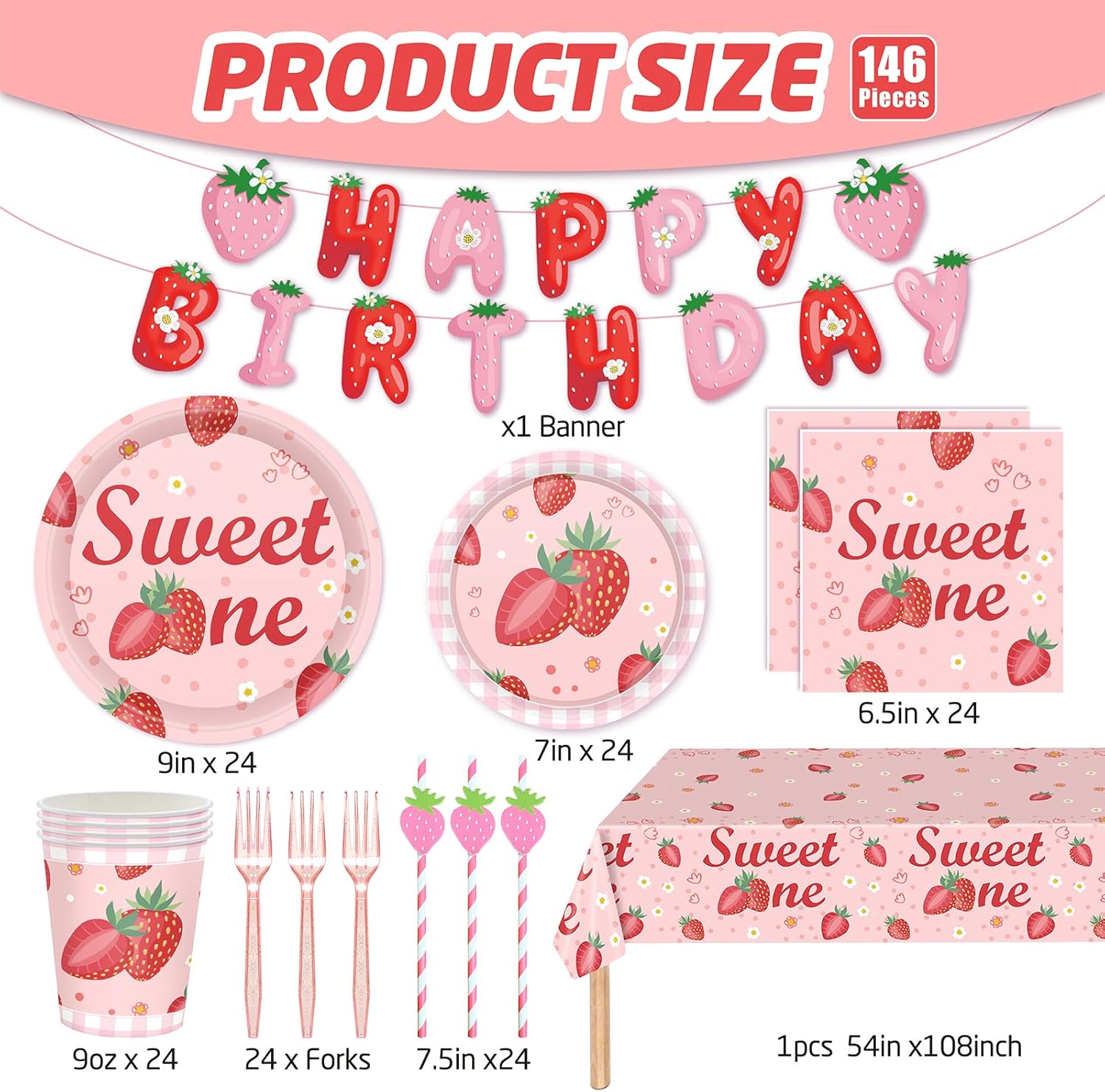 146Pcs Strawberry Plates and Napkins strawberry Party Supplies Includes Plates, Napkin, Fork, Cup, Straw, Tablecloth, Banner for Baby Shower Birthday Party Decorations, Serves 24 (Strawberry)