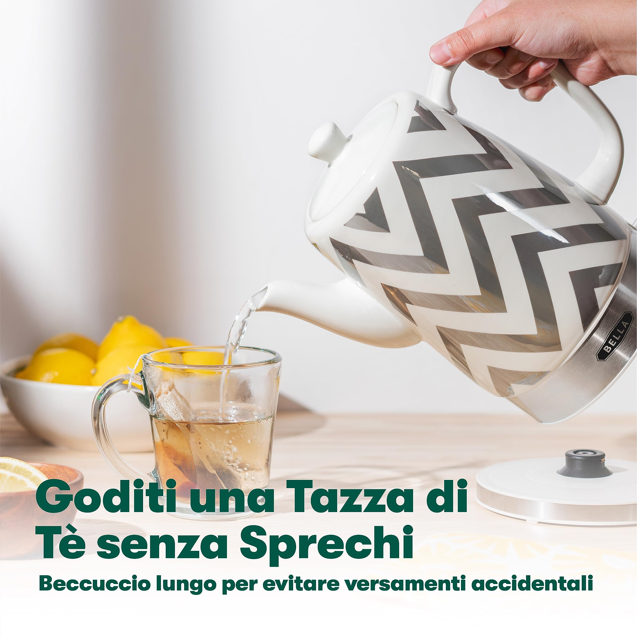 bella Bollitore Elettrico e Teiera in Ceramica con Base Girevole Rimovibile, Spegnimento Automatico e Protezione contro l'Ebollizione a Secco,1,5 L, Chevron Argento