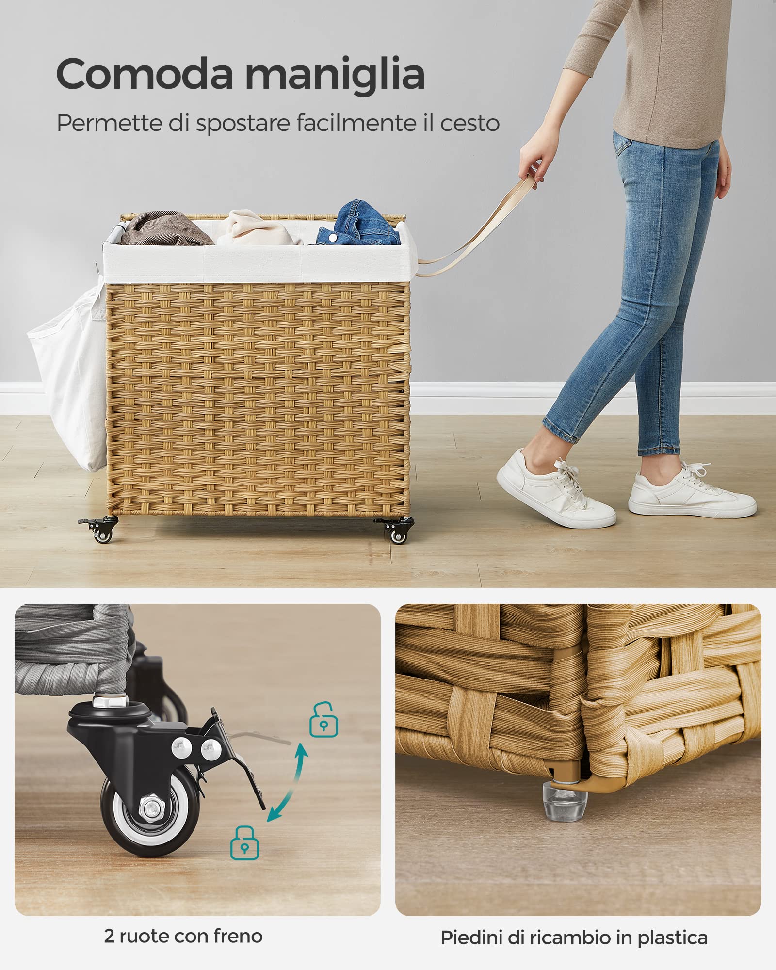 SONGMICS Cesto Portabiancheria con Coperchio, 140L, Cesta Biancheria in Rattan Sintetico con Ruote, 3 Scomparti, Sacco Rimovibile, Lavanderia Camera da Letto, 66 x 33 x 66 cm, Naturale LCB363N01