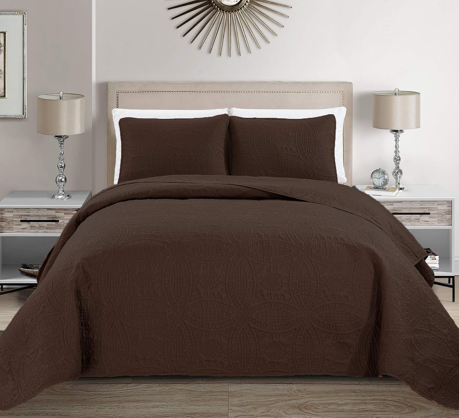 MK Home Mk Collection Solid Embossed Bedspread Bed Cover Over Size (Coffee/Dark Brown, King/California King)