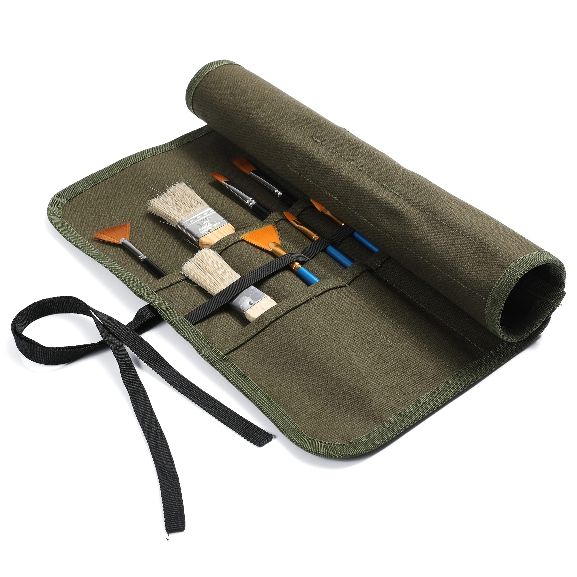 Kaaltisy Army Green Paint Brush Roll, Heavy Duty 16Oz Waxed Canvas Pen Roll Up Bag, 22 Slots Canvas Brush Bag With Tie Rope - For Artist Family Friends Lover