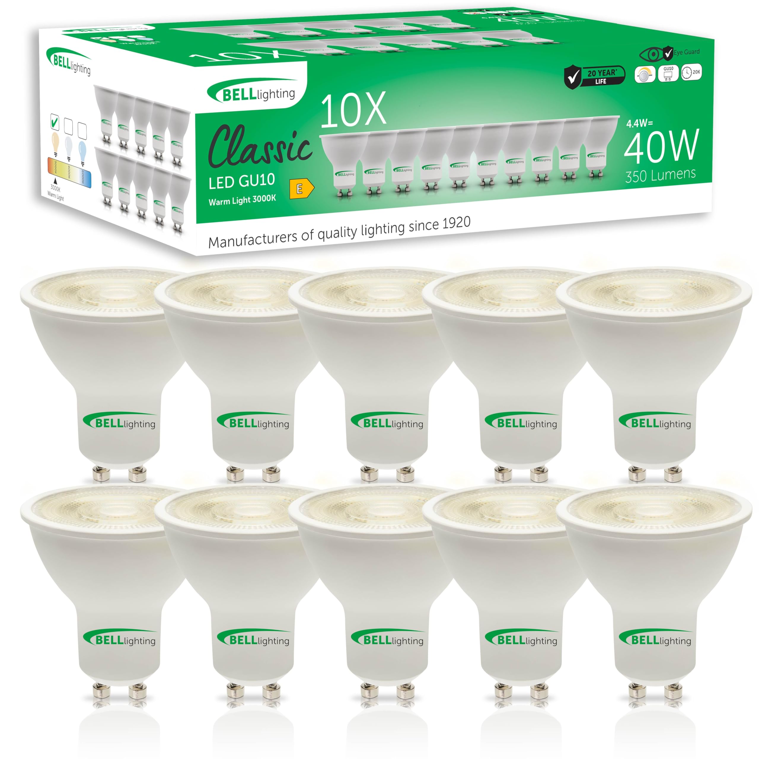 BELL Lighting GU10 Dimmable LED Bulbs 10 Pack, Warm White - 3000k