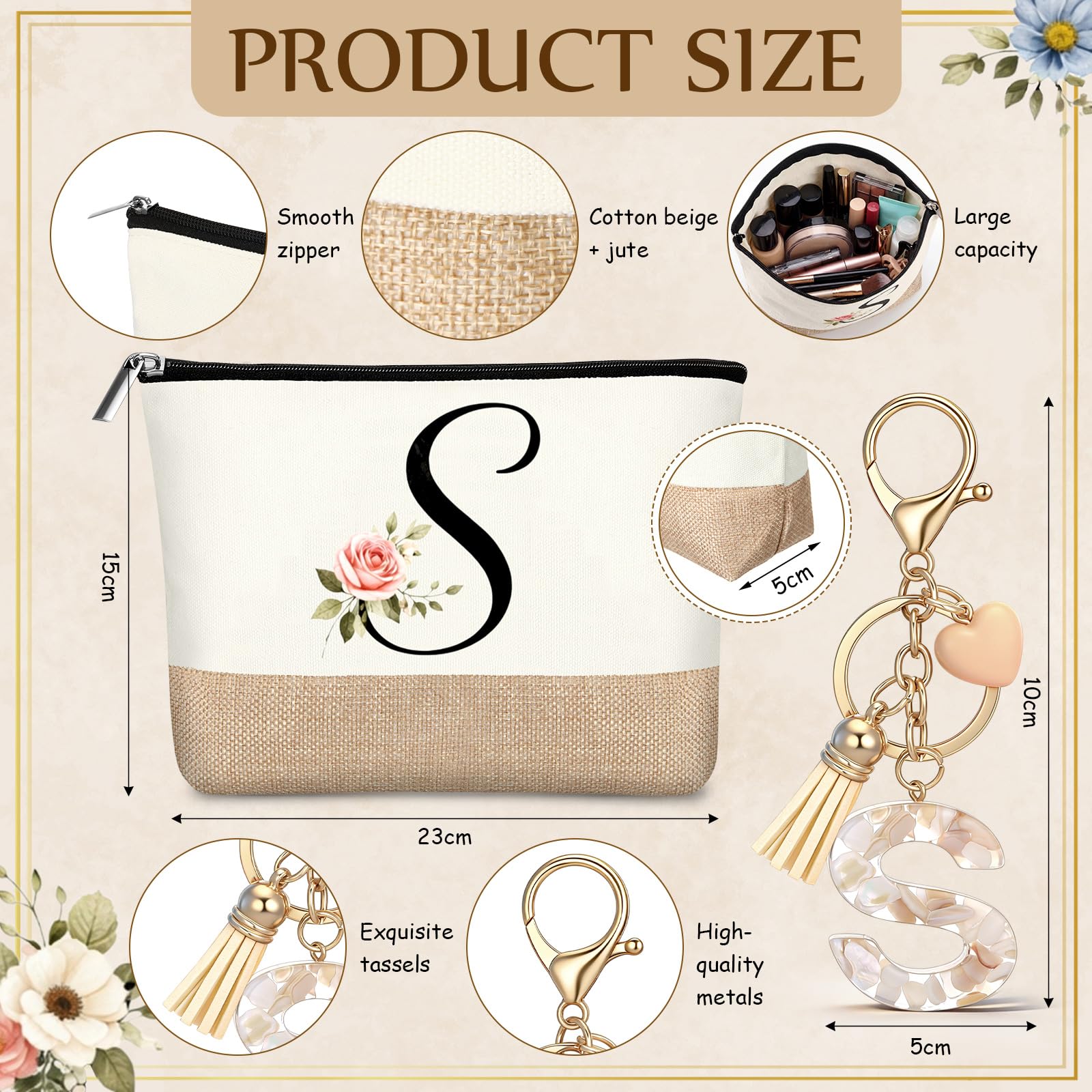 Hestya Trousse per Trucco con Lettera Iniziale Personalizzata Beauty Сase da Viaggio in Iuta con Portachiavi per Donna Matrimonio Compleanno Spiaggia Sorella Mamma Insegnanti Infermiere(S)