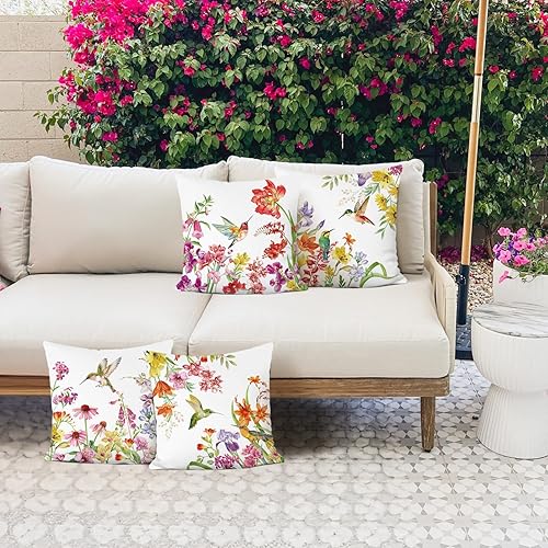 Miniatura 3 de Bonhause Juego de 4 fundas de almohada decorativas de flores de colibrí de 18 x 18 pulgadas, para sofá, jardín, patio, decoración de primavera