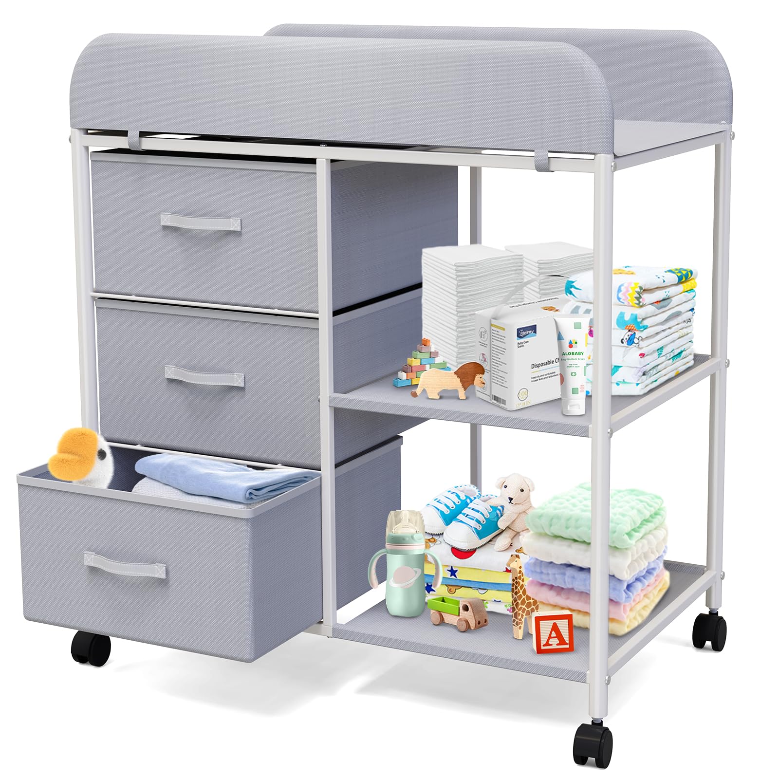 Baby Changing Table, Portable Changing Table, Diaper Changing Station with Waterproof Pad, Changing Table Dresser with 3 Storage Baskets, Mobile Nursery Organizer for Newborn Essentials