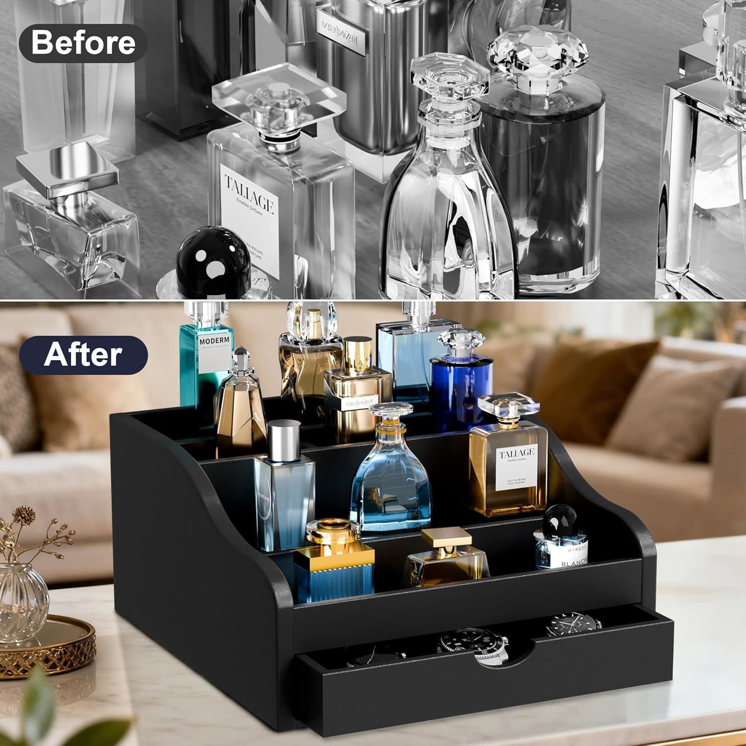 Perfume Organizer for Men，4 Tier Cologne Organizer for Men，Wood Cologne Stand with 2 Drawer and Hidden Storage for Watch, Jewelry, Perfume Display Risers, A Gifts for Man (Black)