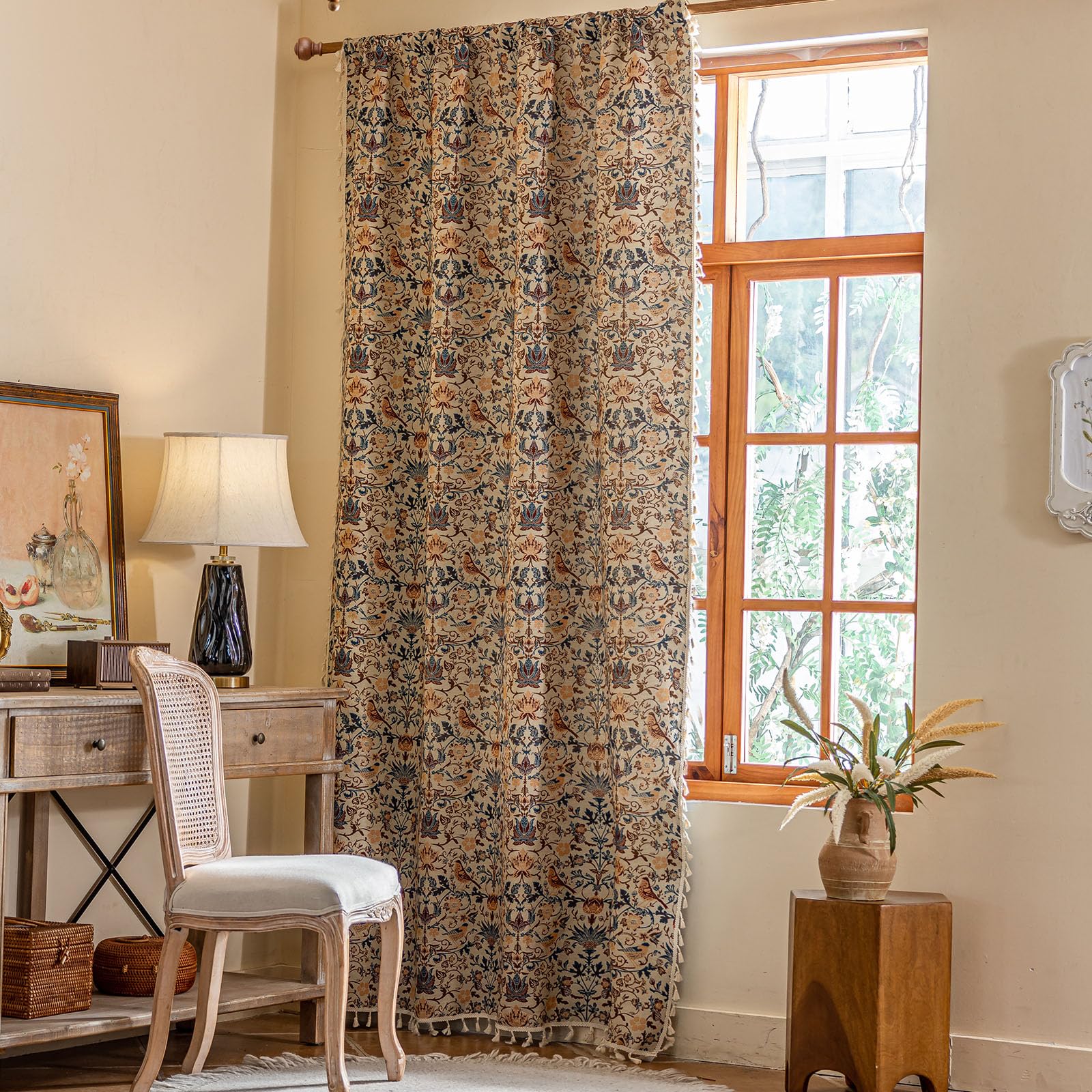 USTIDE Boho Bird & Flower Curtains 59x63 Inch, Vintage Floral Farmhouse Drapes, Rod Pocket Semi Sheer Window Panels for Bedroom Living Room