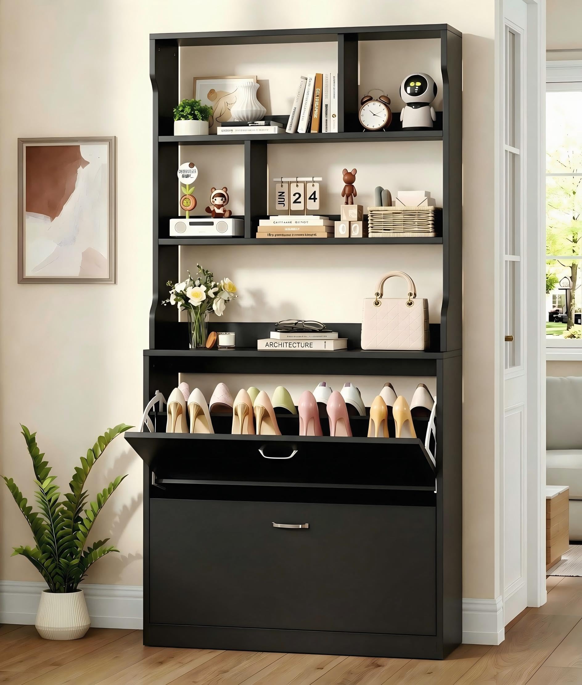 IRONCK Shoe Cabinet with 2 Flaps, Narrow Shoe Rack, Open Compartment | Tall Shoe Storage Wooden Shoe Chest with Adjustable Dividers for Hallway Entrance Living Room 24 x 80 x 165 cm ⟮Black⟯