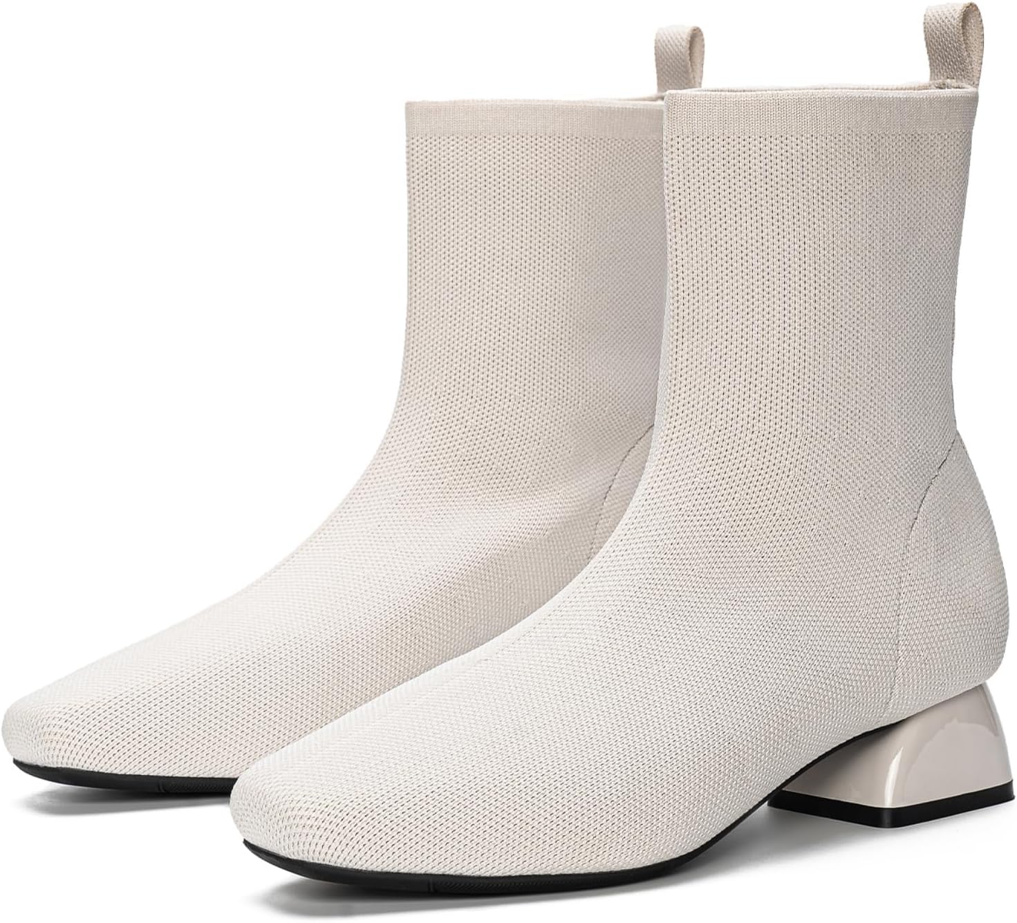 Buyrew Ankle Boots for Women Low Heel Booties Square Toe Sock Knit Chunky Winter Slip On Shoes