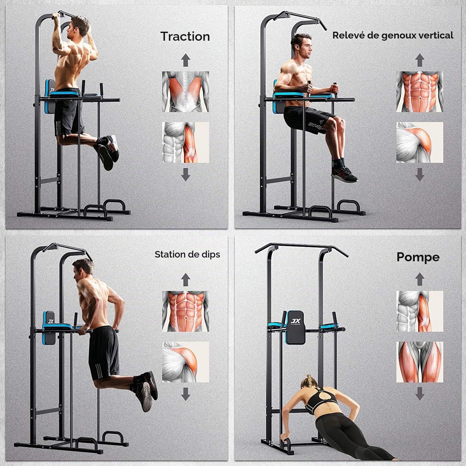 JX FITNESS Power Tower Tour de Musculation Multifonctions Barre de Traction Station de Trempage D'entraînement de Tour de Puissance Ajustable Dips Station Chin Up Bar Home Fitness