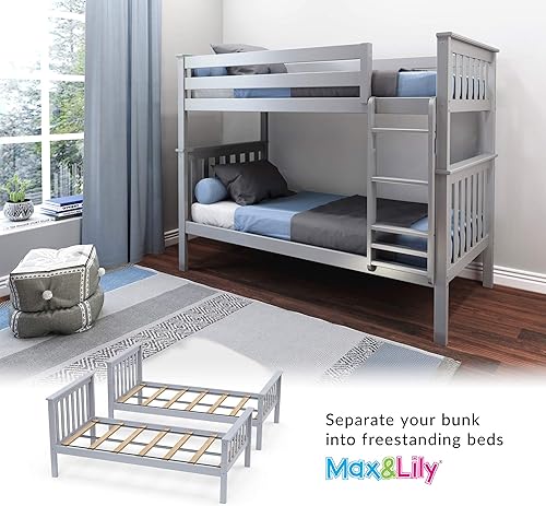 Miniatura 26 de Max & Lily - Litera de tamaño individual sobre matrimonial con escalera, base de cama de madera maciza para niños, barandillas de seguridad de 14