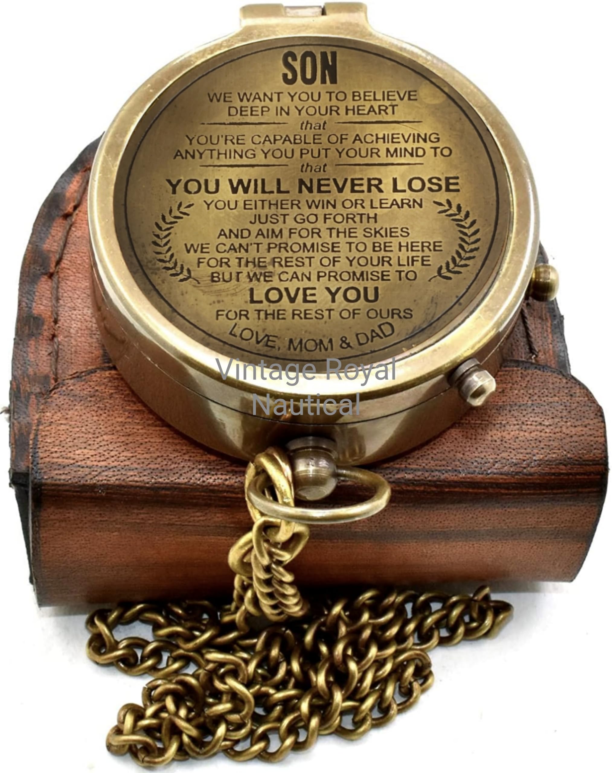 Son You Will Never Lose Love You for The Rest of Ours Love Mom & Dad Antique Compass with Leather Case Unique Gift for Son, Grandson Gift, Birthday Gift, Baptism Day Gift