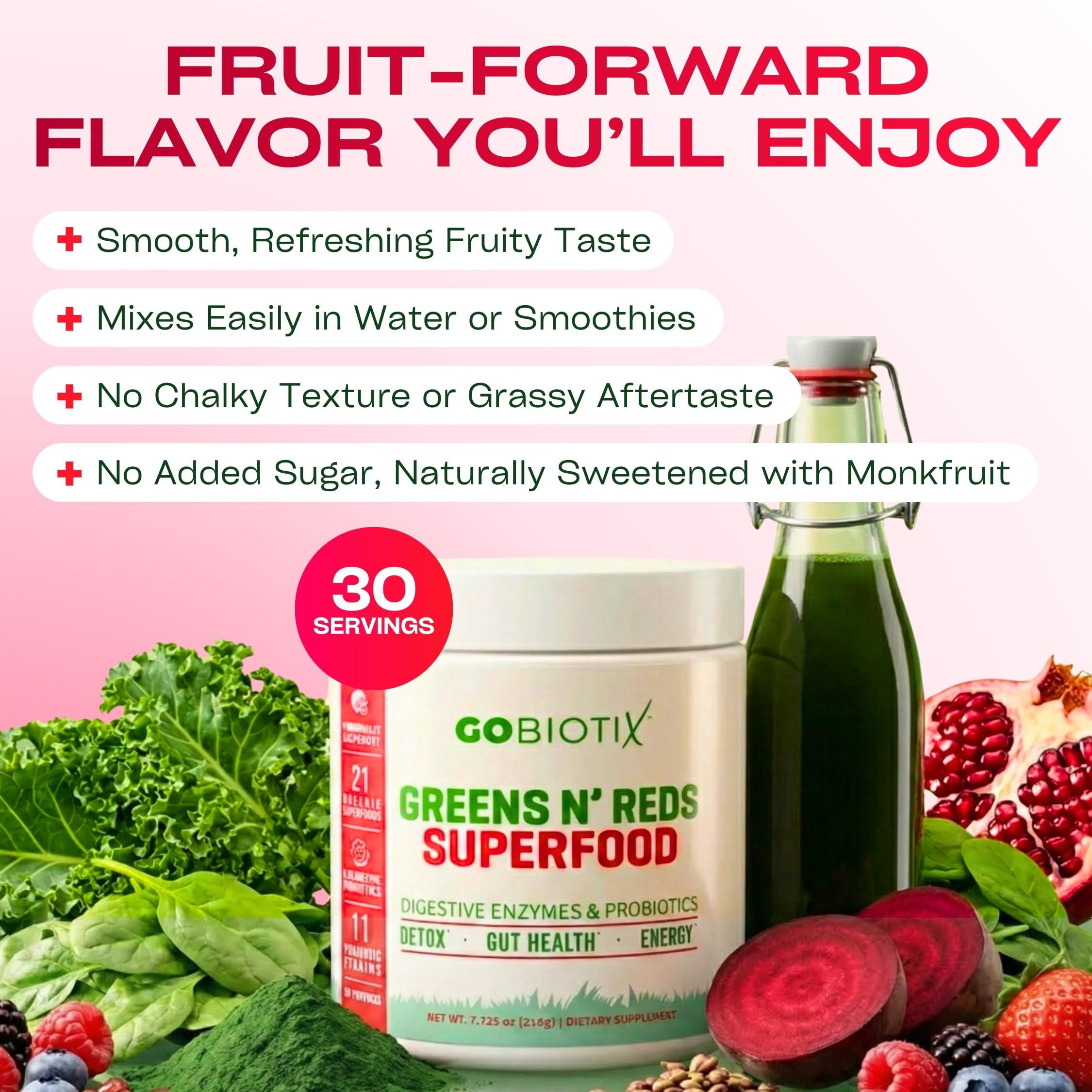 GOBIOTIX Super Greens Powder with Beet Root, Spirulina, Moringa & Chlorella – Probiotics, Enzymes & 21 Superfoods – Zero Sugar, Vegan, Non-GMO – 30 Servings (Pomegranate Raspberry) — Amazon image 6