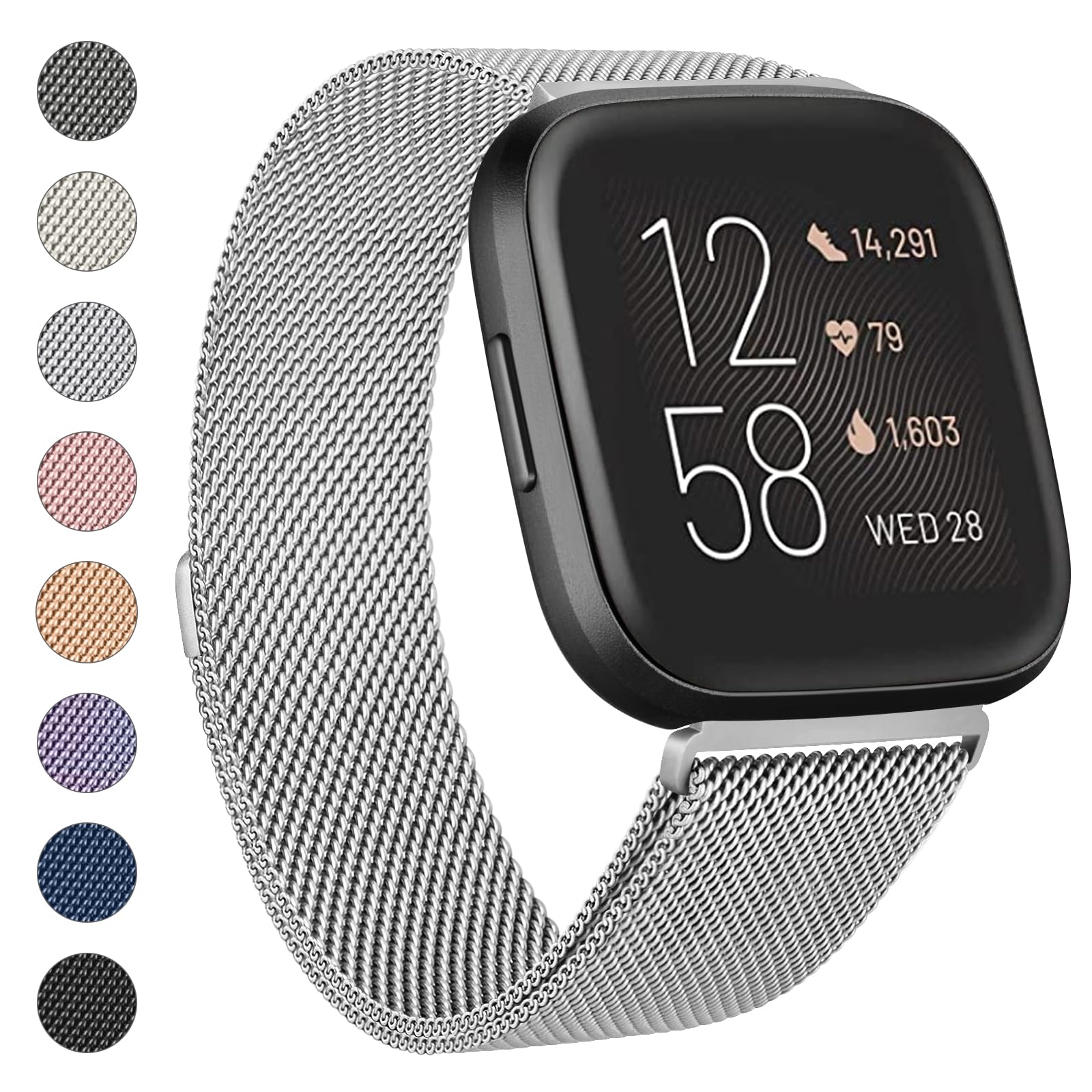 Meliya Metal Band Compatible with Fitbit Versa 2 Watch Bands Women Men, Stainless Steel Metal Mesh Loop Adjustable Magnetic Wristband Stylish Replacement Strap for Fitbit Versa 2 / Fitbit Versa / Versa Lite / Versa SE Smartwatch