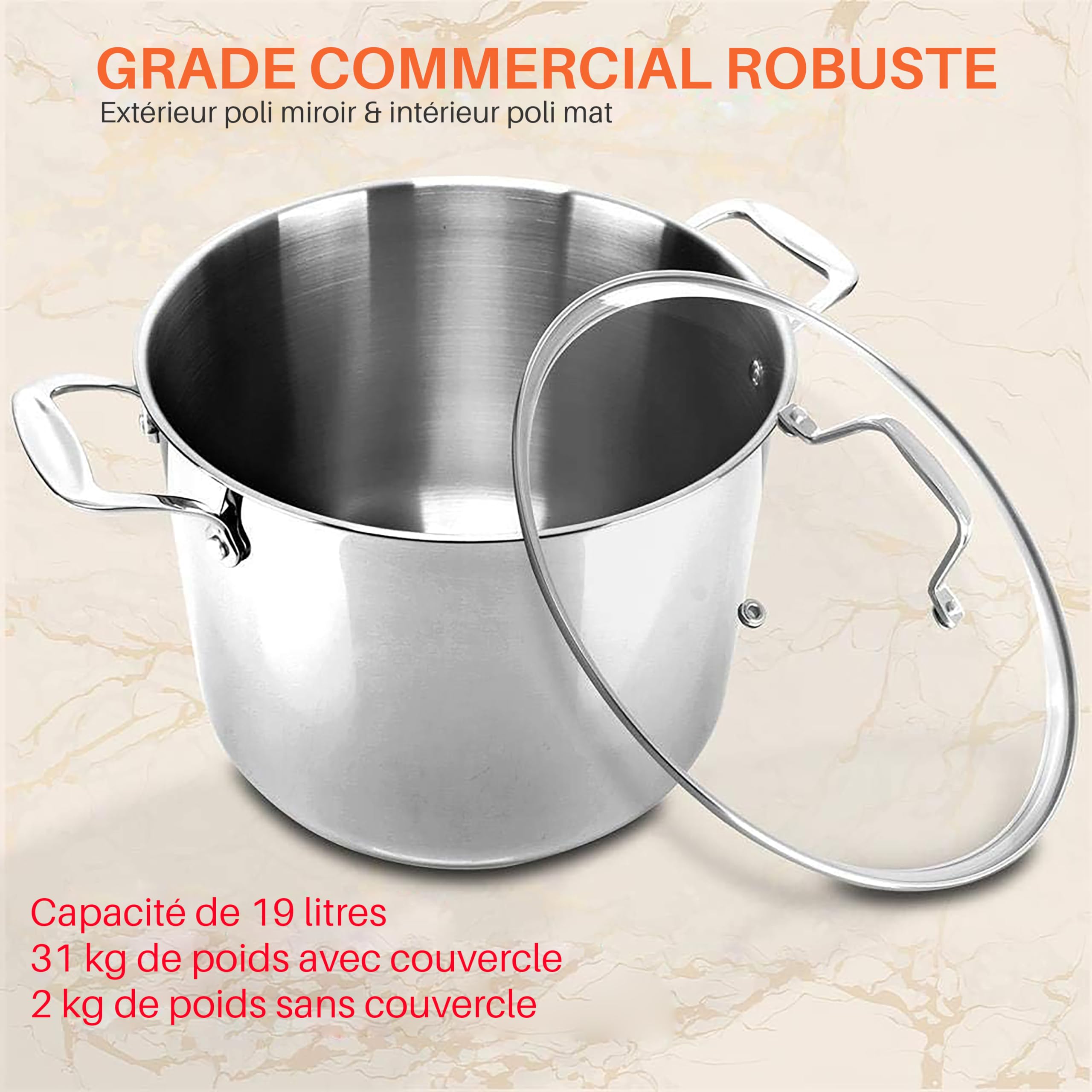 NutriChef Marmite- Faitout Inox de 18 Litres - 18-8 Qualité Alimentaire Résistant Tous Feux- Faitout-Grande Marmite avec Couvercle Transparent, Compatible Lave-Vaisselle