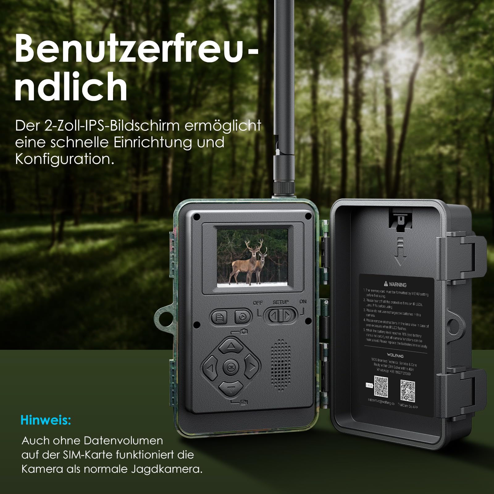 WOLFANG 4G Wildkamera mit Handyübertragung App, 48MP 2K Jagdkamera mit 850nm kein Glühen Nachtsicht mit 2.0'TFT Display, IP66 Wasserdicht für die Jagd Wildlife Scouting Garten Haus Sicherheit