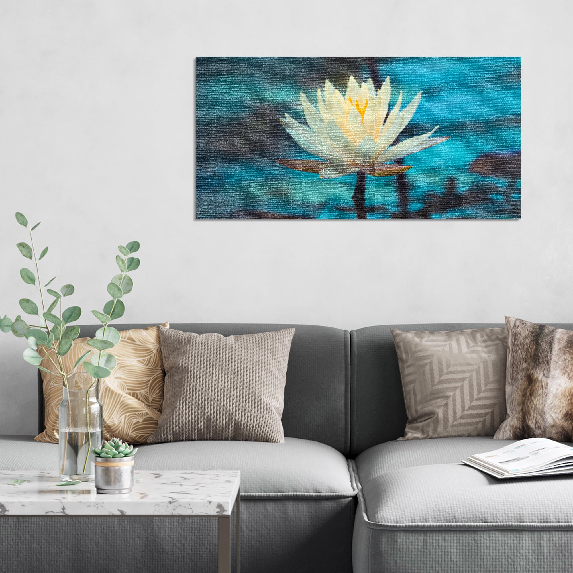 DEQORI WTD - Stampa su tela ibrida | motivo: ninfee sierenità | Design Canvas 100 x 50 cm | Quadro piatto & moderno con vetro | Quadro da parete per soggiorno, camera da letto, corridoio e cucina