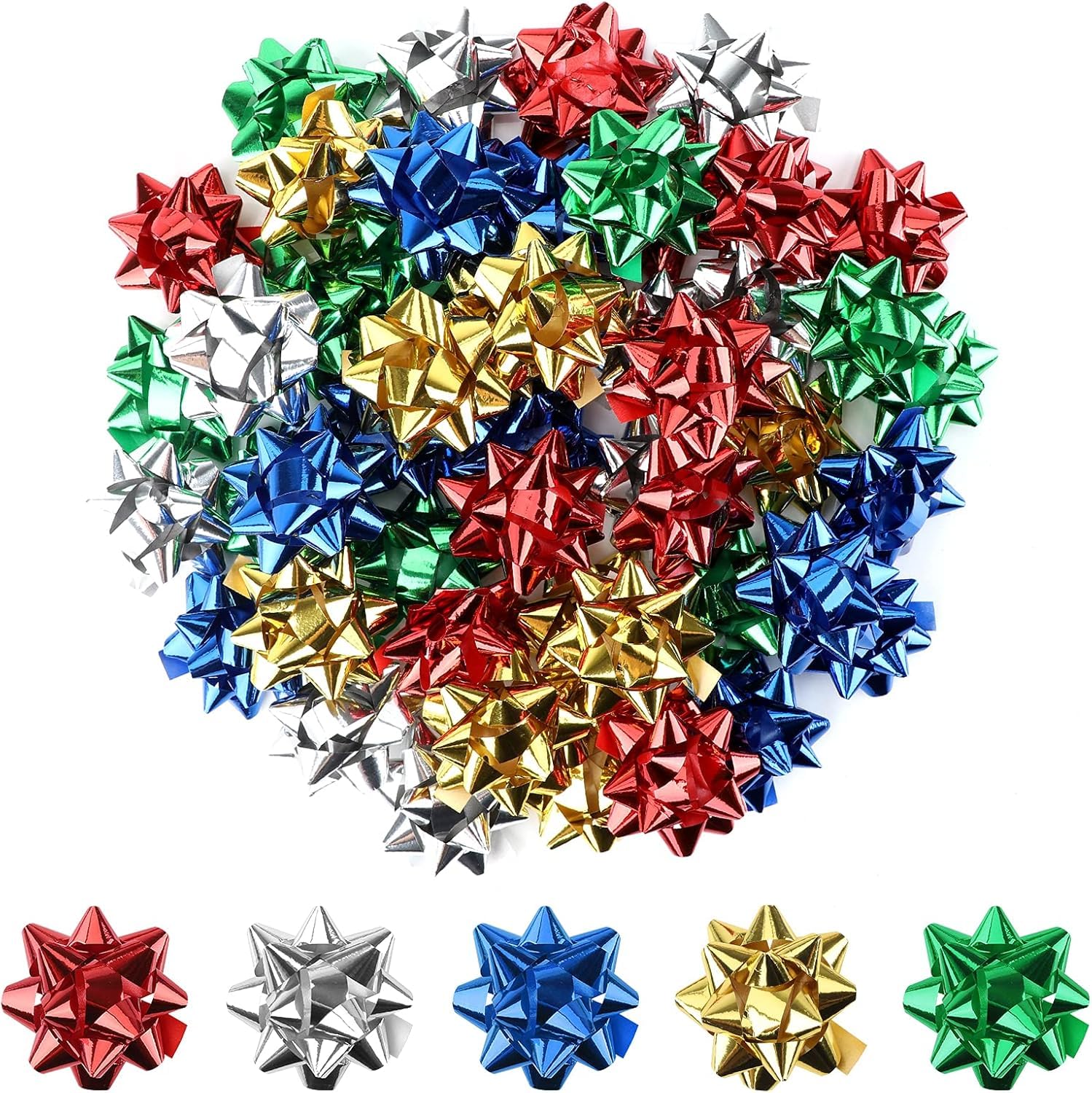 Star Gift Bows - Small Metallic Christmas Bows Assorted Color Ribbon for Gift Wrapping Presents Birthday Perfect for Holiday Decorations, Pack of 50