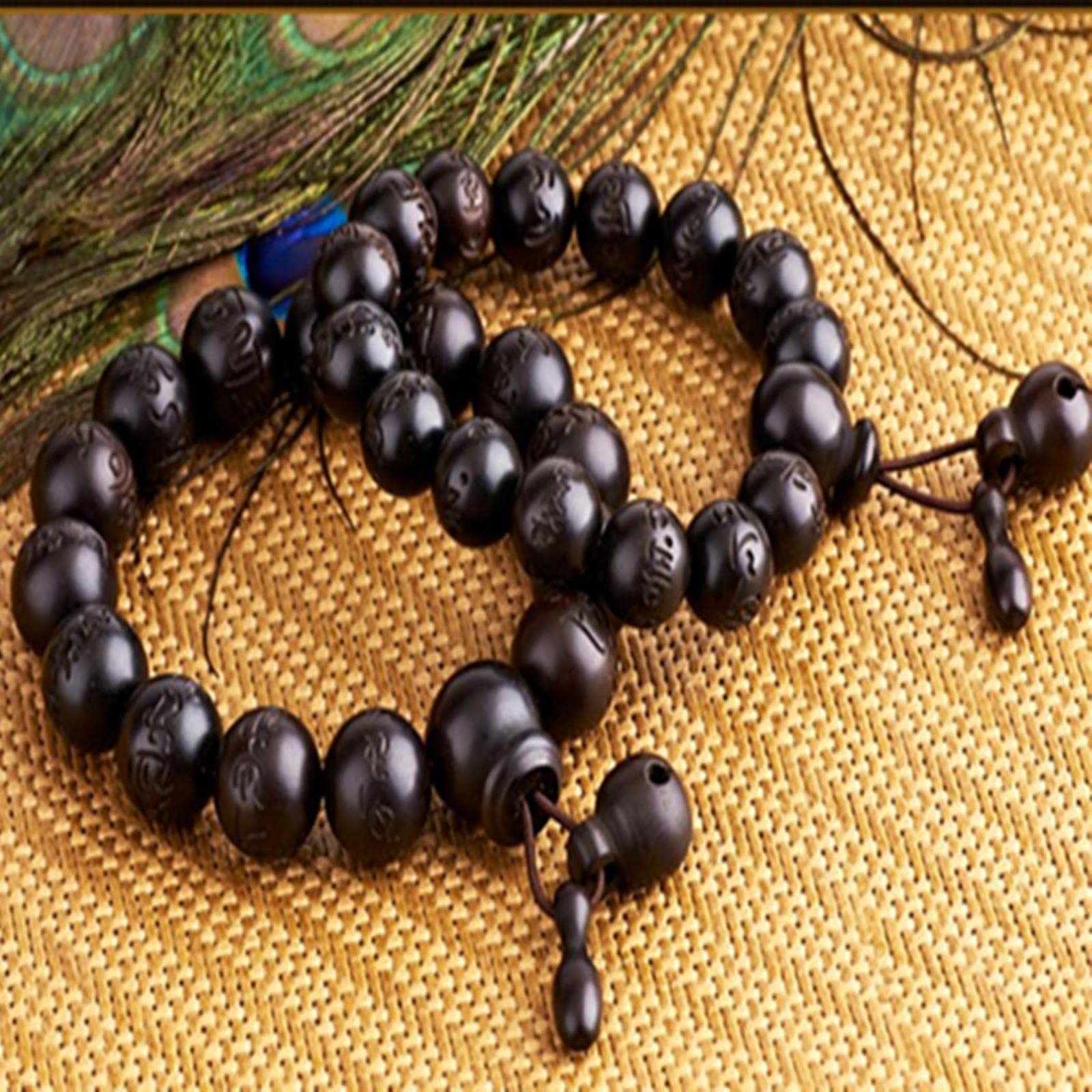 Pezzo di Bracciale con Perline in Vero Legno di Pesca Intagliato a Mano, Braccialetti Buddha per Uomo e Donna, con Perline Piatte da 15 mm