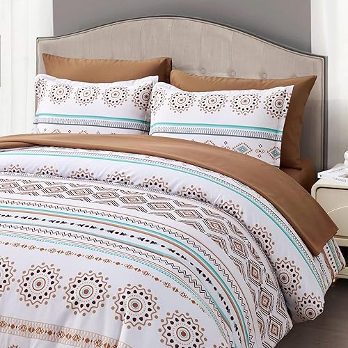Miniatura 5 de Juego de edredón bohemio tamaño King, juego de cama de 7 piezas en una bolsa, juego de ropa de cama a rayas marrones, edredón floral de cachemira y